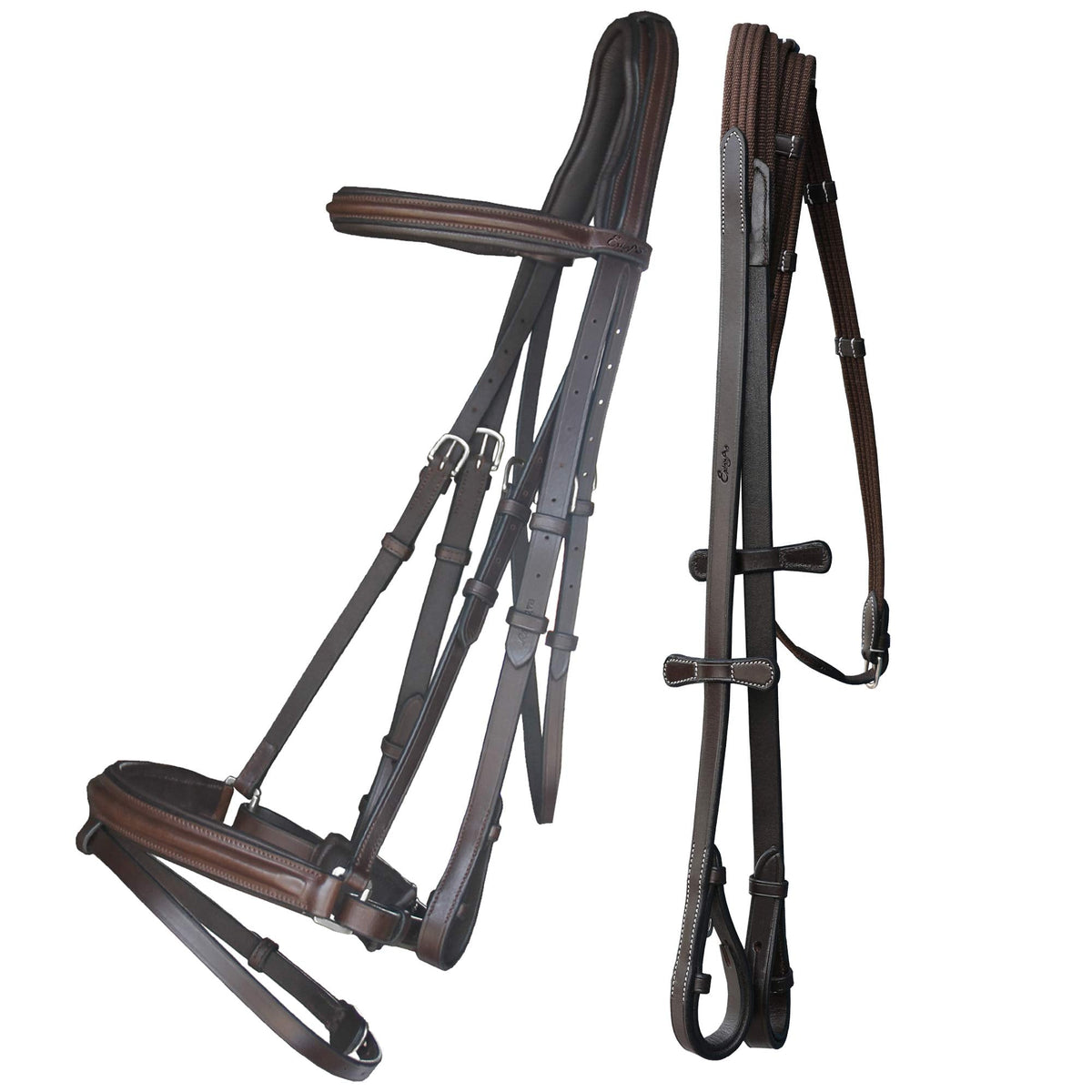 Exion Anti Pressure Cutback Crown Piece Soft Lined Browband and Crank Noseband Dressage Leather Bridle and Hand Stopper Leather Reins | Royal Dressage Bridle for Horses