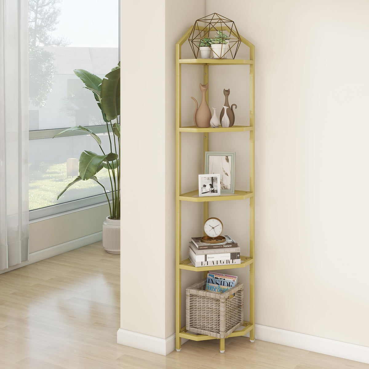 5-Tier Corner Shelf Stand, Gold Corner Bookshelf, Bathroom Storage Rack Shelf, Plant Rack, Tempered Glass, Steel Frame, Modern Style for Living Room, Bathroom, Kitchen, Metallic Gold