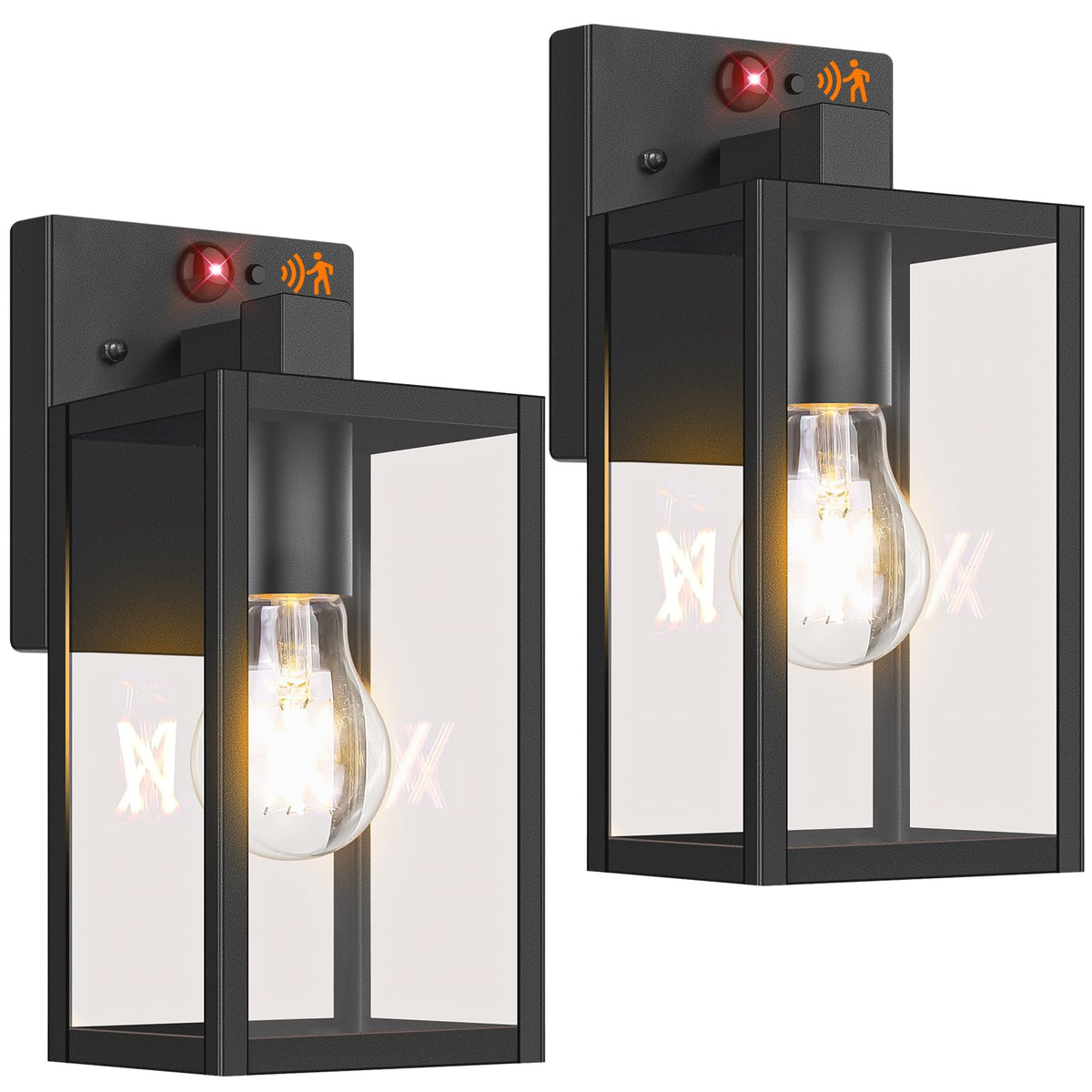 BesLowe 2-Pack Motion Sensor Outdoor Wall Lights, 10.6in, Black, 3 Lighting Modes, Model 1030MR, Dusk to Dawn Sconce Lanterns