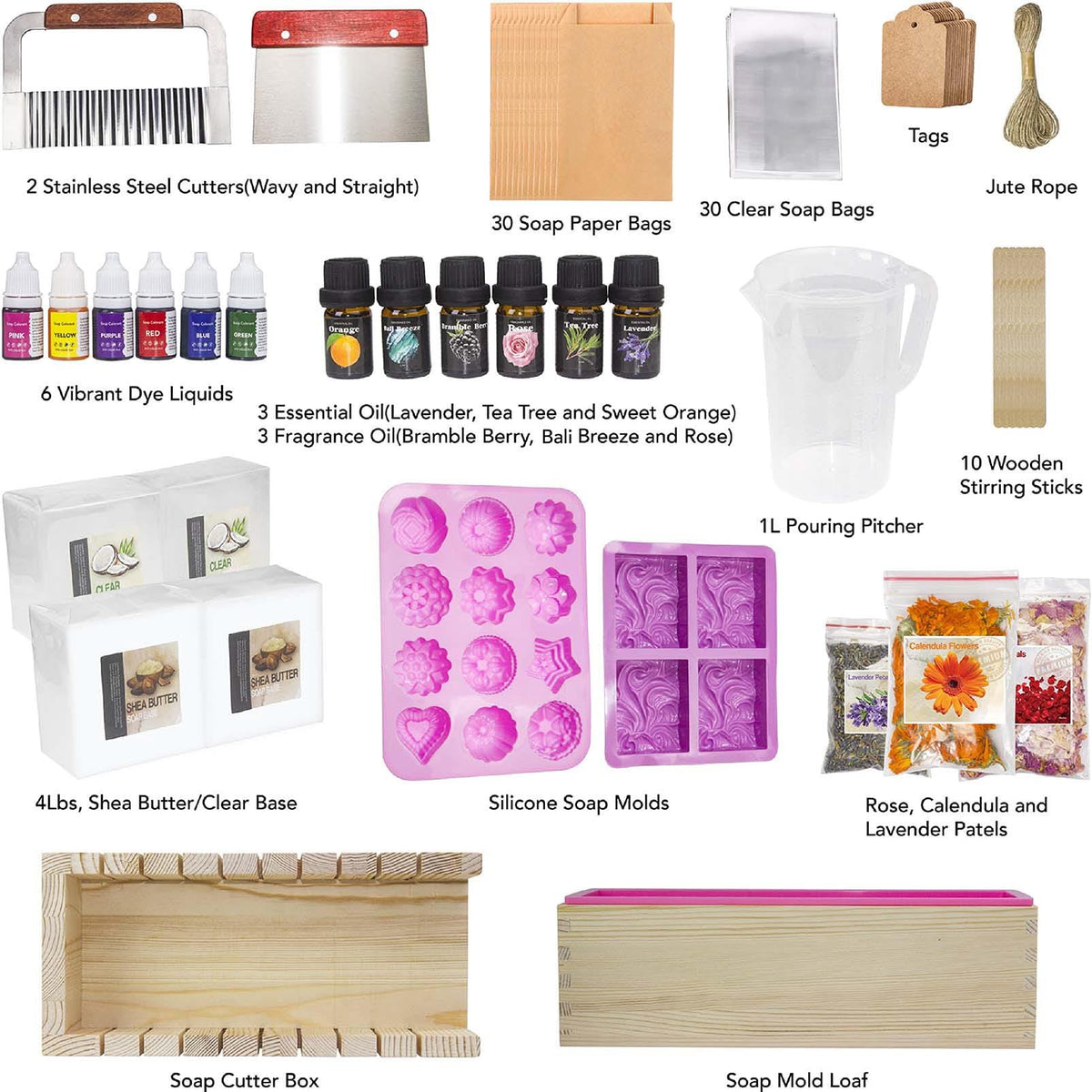 haclum Soap Making Kit for Adults and Kids - Soap Making Supplies with Melt & Pour Soap Base, Soap Loaf Molds, Cutting Box, Silicone Molds, Essential Oil & Fragrances Beginner DIY Craft Kits