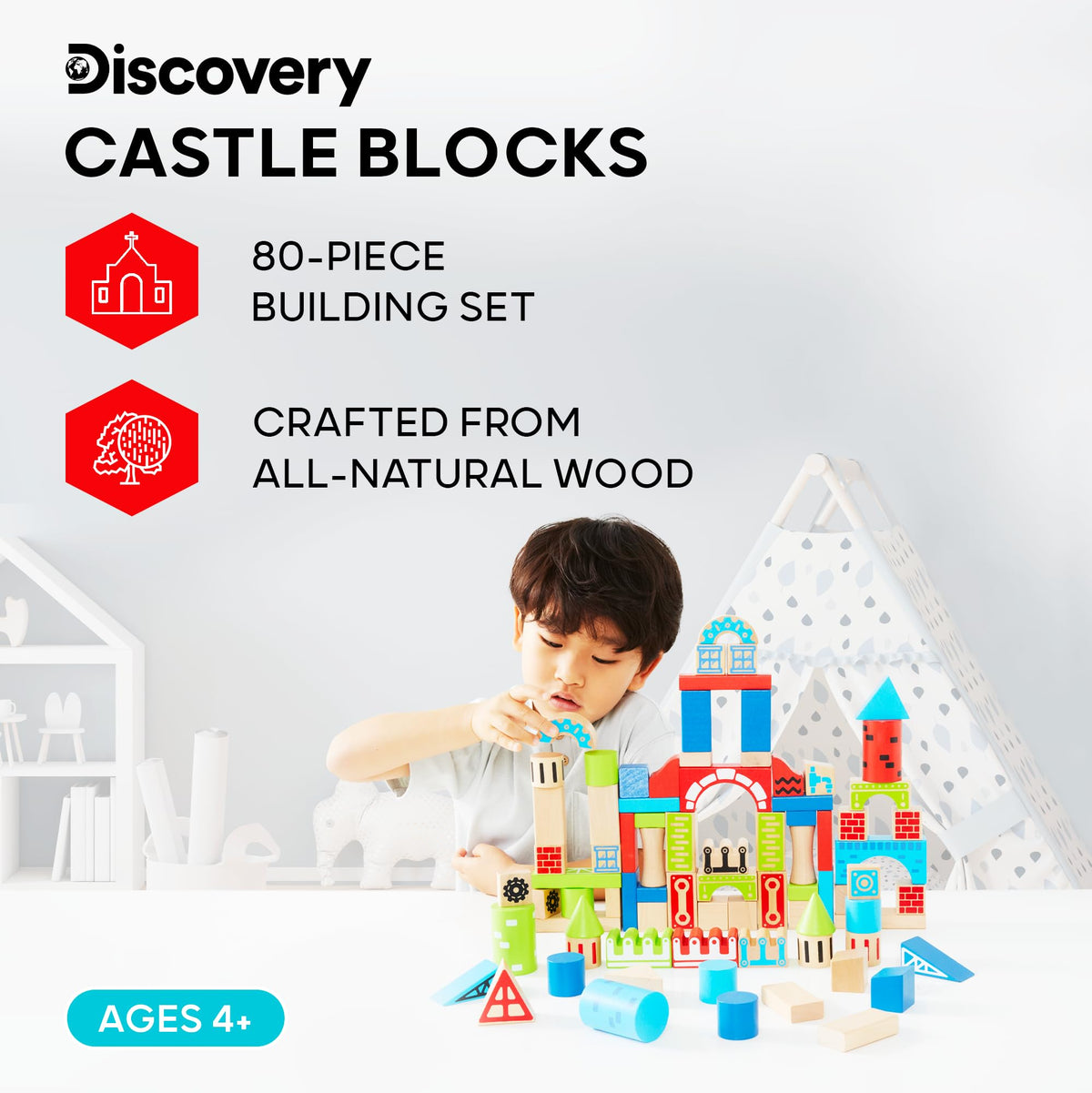 Discovery™ Wood Castle Blocks 80-Piece [Amazon Exclusive] Natural Wooden Building & Stacking Set, Imagination & Creativity Kids Activity Kit, Preschool Toddler Child Safe, Learning Playset Toy