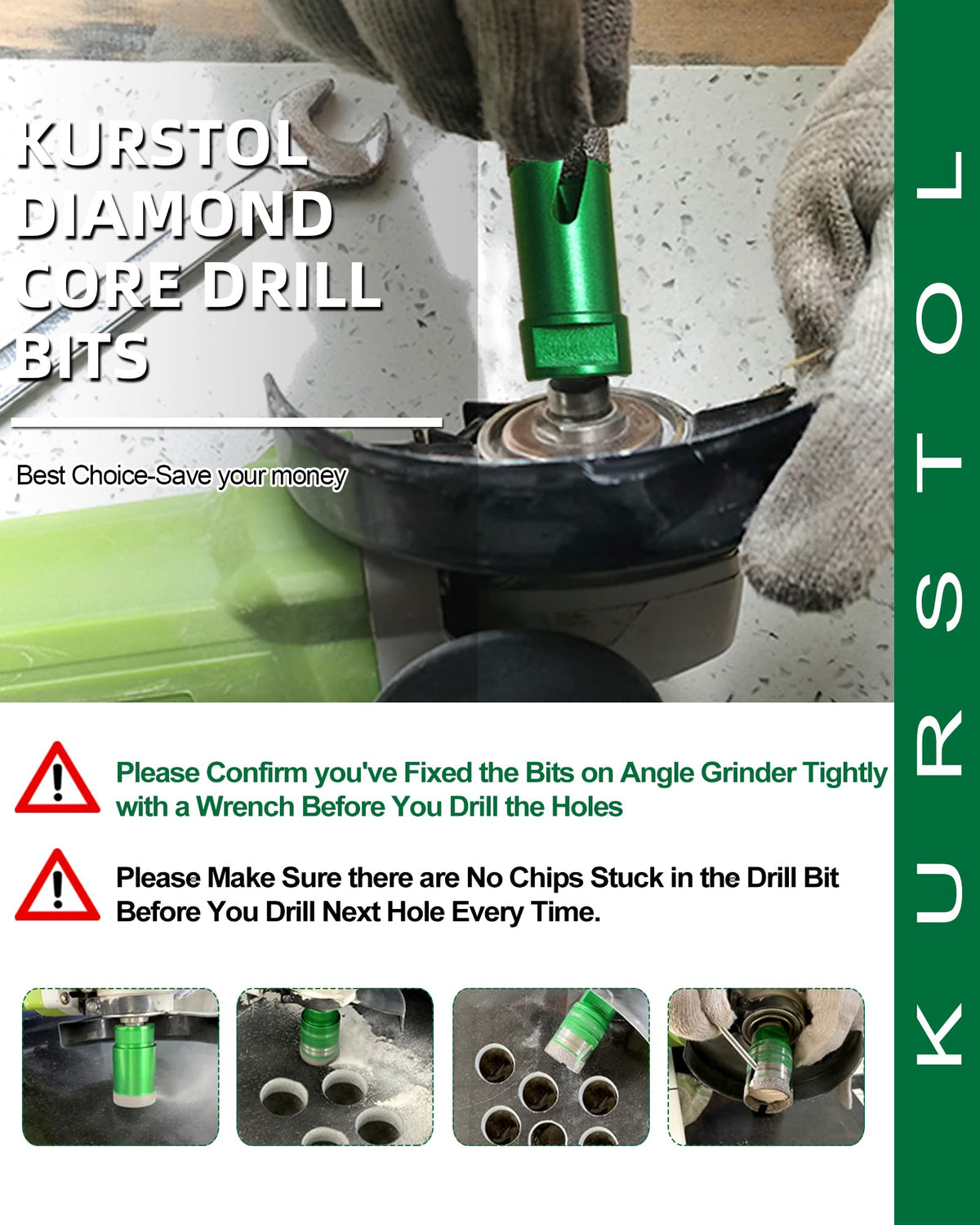 Tile Hole Saw Kit 12pcs - KURSTOL Diamond Core Drill Bits 6/8/10/25/35/50/75/127MM+4/5'' Finger Bit+2'' Chamfer Bit+4-1/2'' Saw Blade+SDS for Tile Porcelain Ceramic Granite Marble