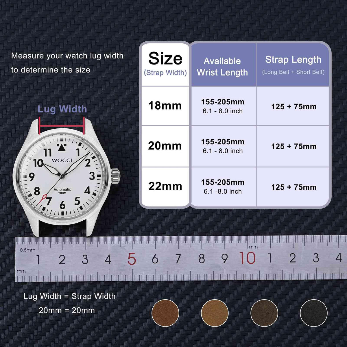 WOCCI 20mm Elite Watch Band, Top Grain Leather, Quick Release, Silver Buckle (Sand)