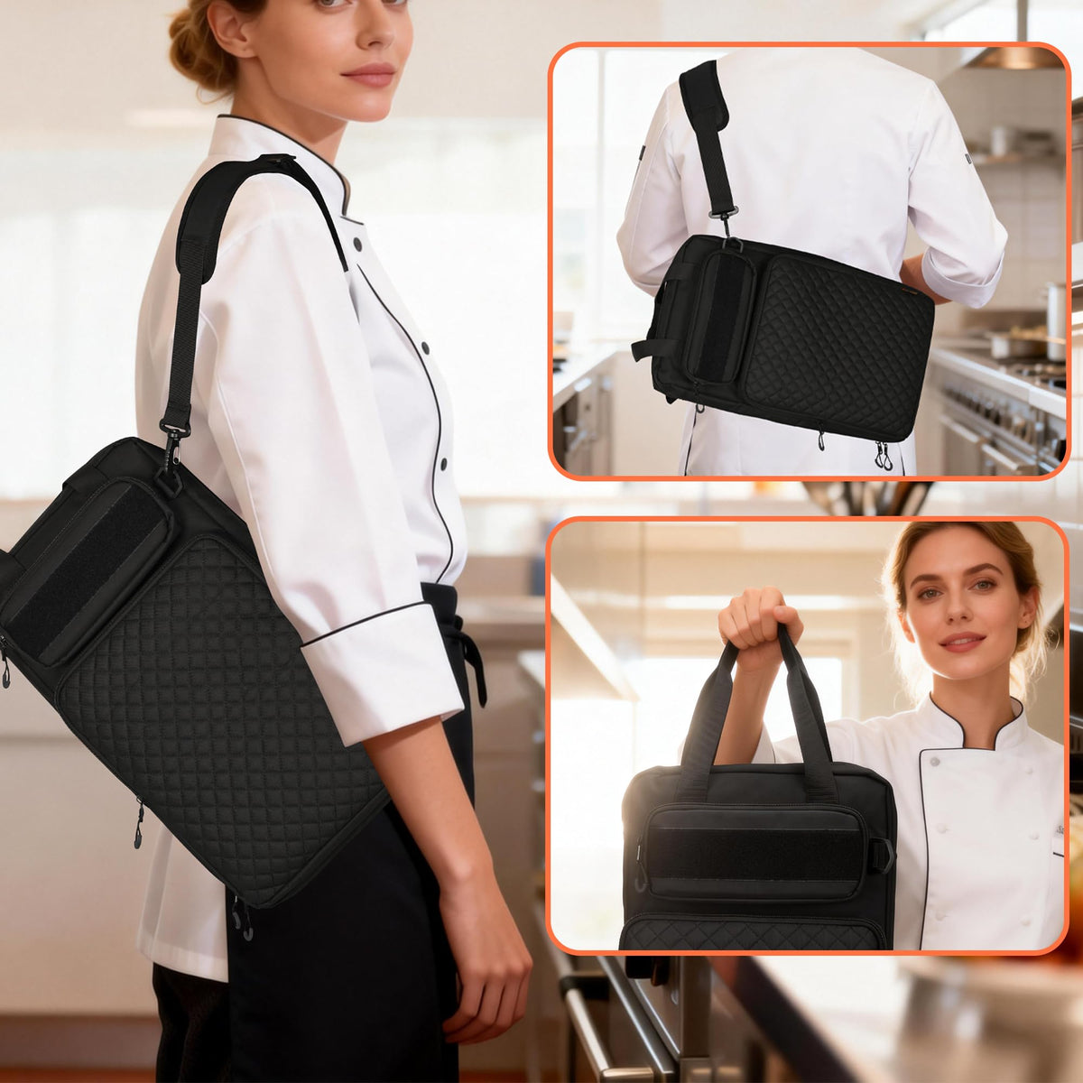 FURIMETY Professional Knife Bag with Front Pocket for Cookbook & Pad, Chef Knife Bag With Shoulder Strap, Knife Carrying Case for Kitchen Tools & Chef Utensils, Quilted Black