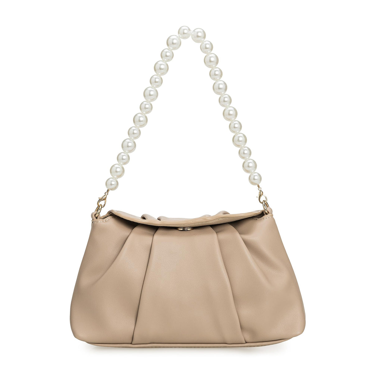 IXEBELLA PU Clutch Handbag for Women Evening Bag Formal Dressy Purse with Pearl Strap (Taupe)
