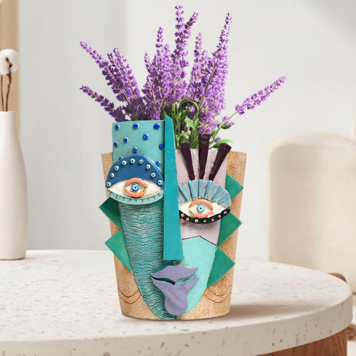 BJVF Picasso Flower Pot/Vase, Unique Planters, Abstract Face Flower Pots, with Drainage Holes, Handcrafted Resin Vases for Artistic Home Décor (Large)