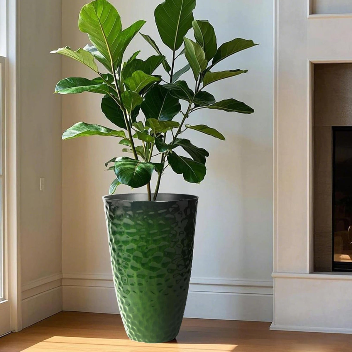 Worth 2 Pack 24" Tall Large Plastic Planter with Drainage Hole, Round Decorative Flower Plant Pit for Indoor or Outdoor Gardening, Glossy Green