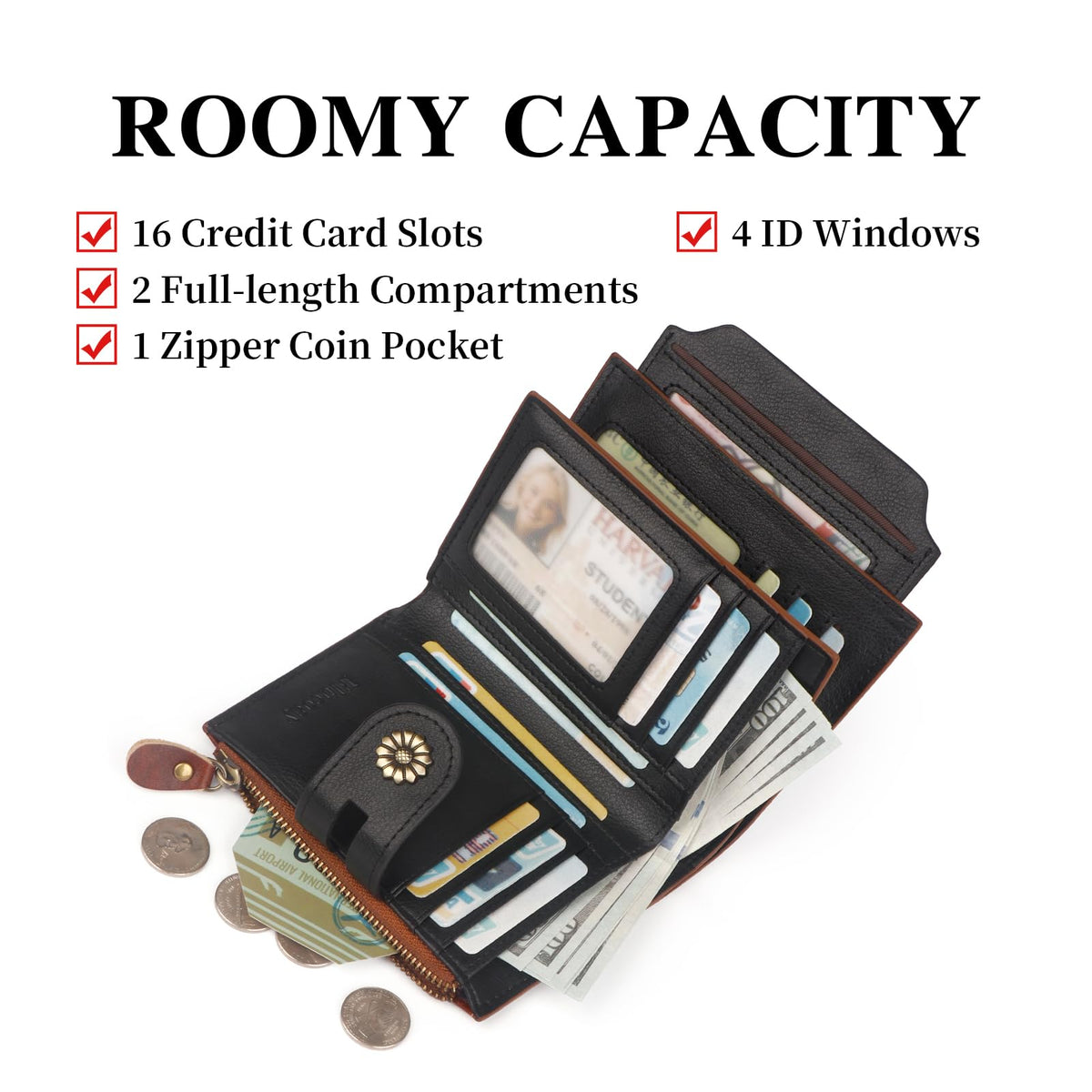 Blucoay Leather Wallet Women,RFID Blocking Womens Wallet Bifold Compact Small Wallet for Women Card Holder with Zip Coin Pocket Brownblack