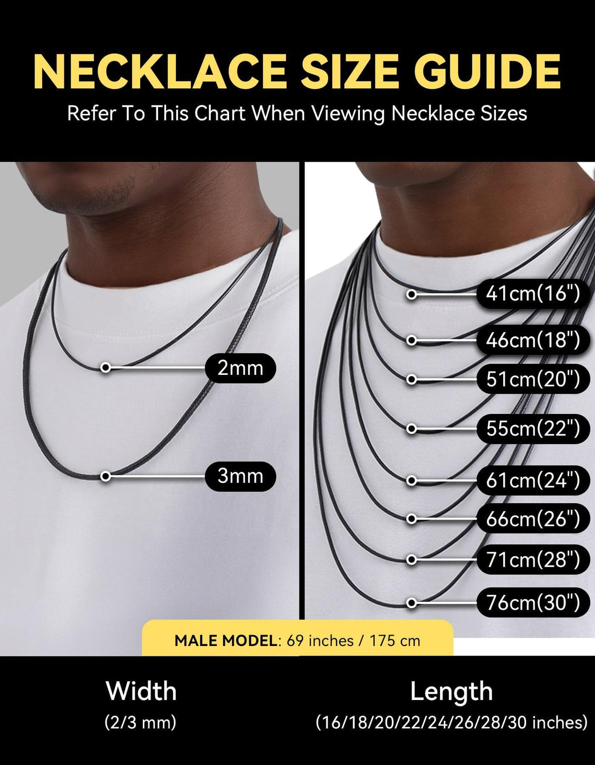 ChainsHouse Leather Necklace Cord for Men 16 Inches 2MM Black Waterproof Leather Chain Necklace with Clasp, Rope Choker for Women Men