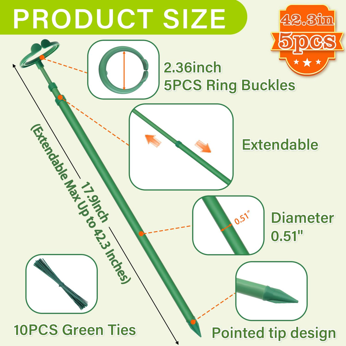 Extendable Plant Stakes,Adjustable Length from 17.9IN to 42.3IN Monstera Support Stakes with Clips,Sturdy Plant Stakes for Indoor Outdoor,Garden Sticks for Tomato,Orchid,Climbing Plants- 5Pack
