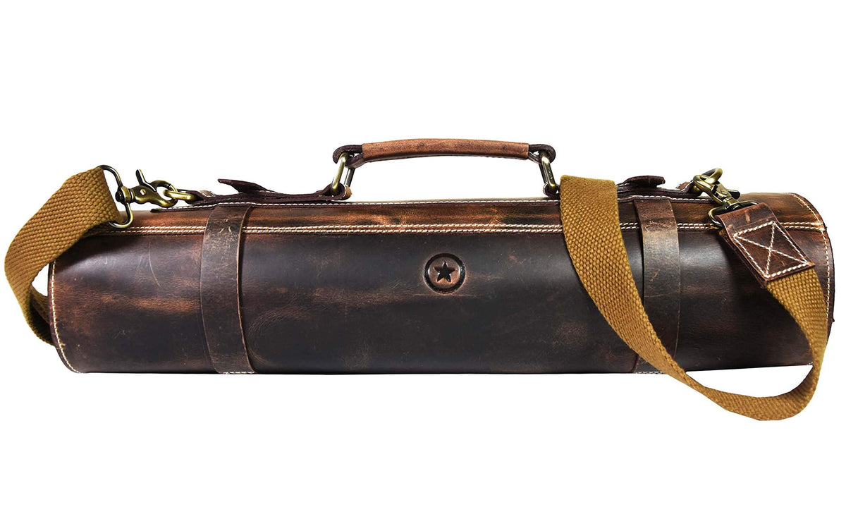 Leather Knife Roll Storage Bag, Elastic and Expandable 10 Pockets, Adjustable/Detachable Shoulder Strap, Travel-Friendly Chef Knife Case (Dark Brown, Leather)