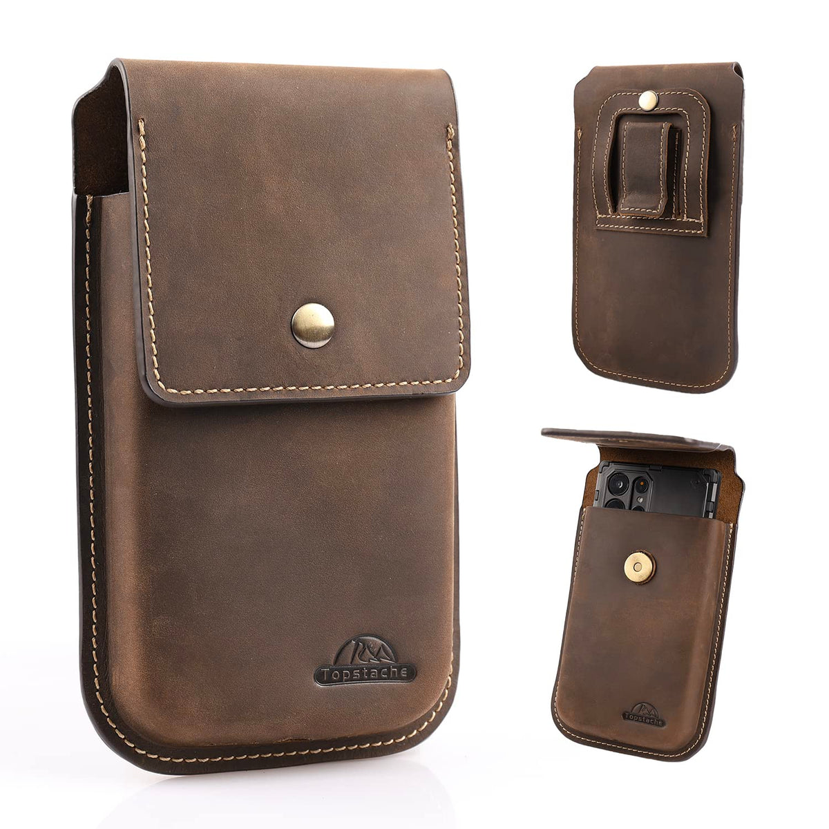 Topstache Leather Phone Holster for iPhone 17/16/15/14/13 Pro Max & Plus - Belt Clip Cell Phone Case for Galaxy S25/S24/S23 Ultra & Plus - Leather Belt Holder Pouch for Men, XL,Darkbrown