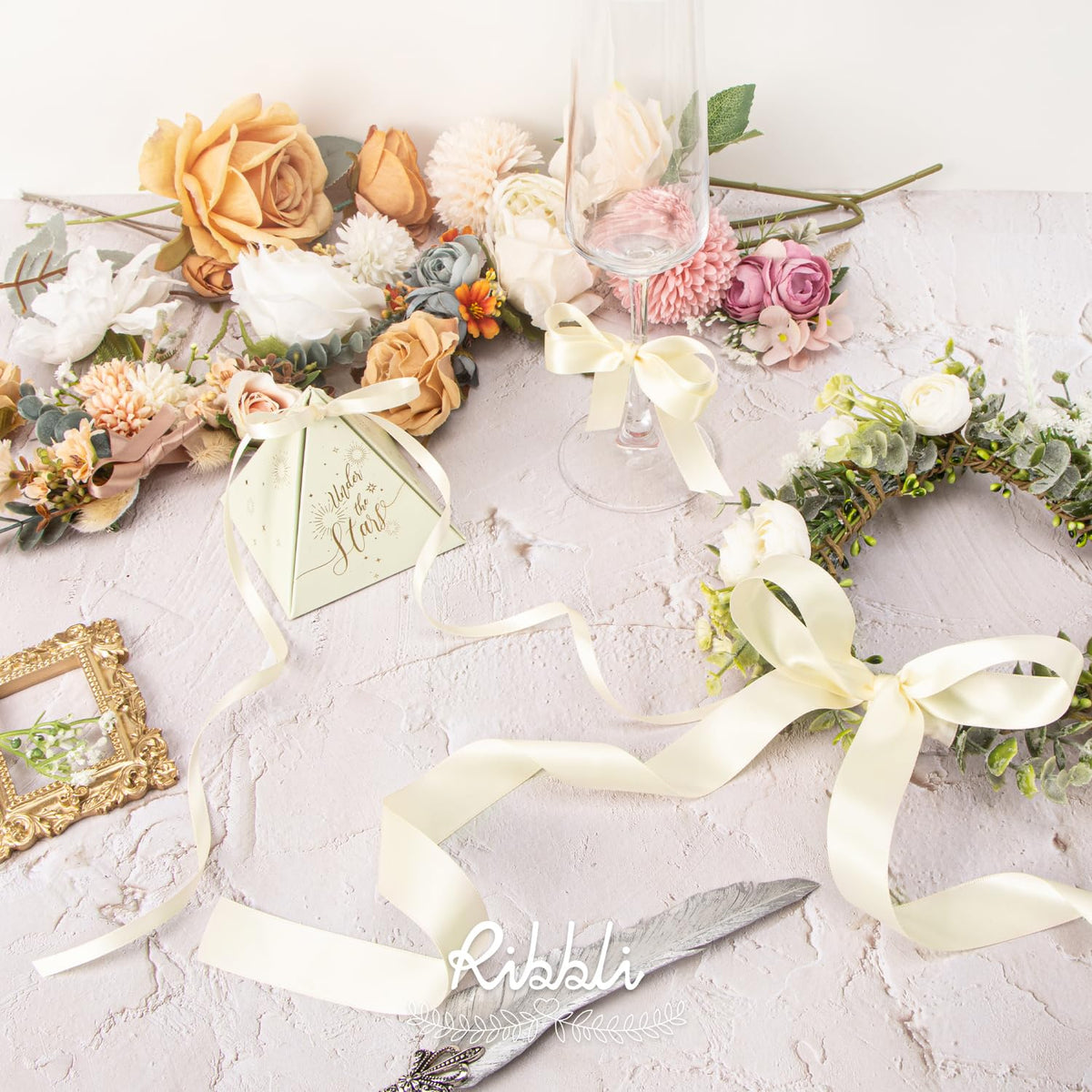 Ribbli 3 Rolls Ivory Satin Ribbon Double Faced,Total 30 Yards,(1/4 Inch x 10-Yard,5/8 Inch x 10-Yard,1 Inch x 10-Yard),Satin Ribbon Use for Bows Bouquet,Gift Wrapping,Baby Shower,Wedding Decoration