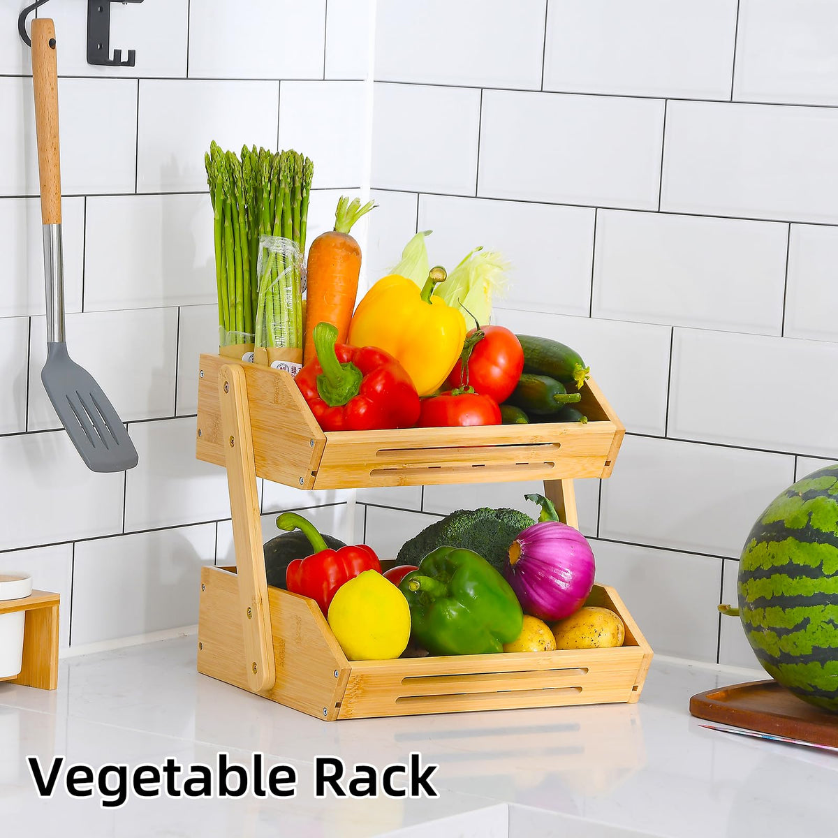 VIKEYHOME Fruit Basket, 2 Tier Bamboo Fruit Basket for Kitchen, 11" Tall Fruit Stand Storage Holder, Heavy Duty/Large Capacity for Vegetables, Fruit, and Snack, 15 mm Thickness (Self-assembly)
