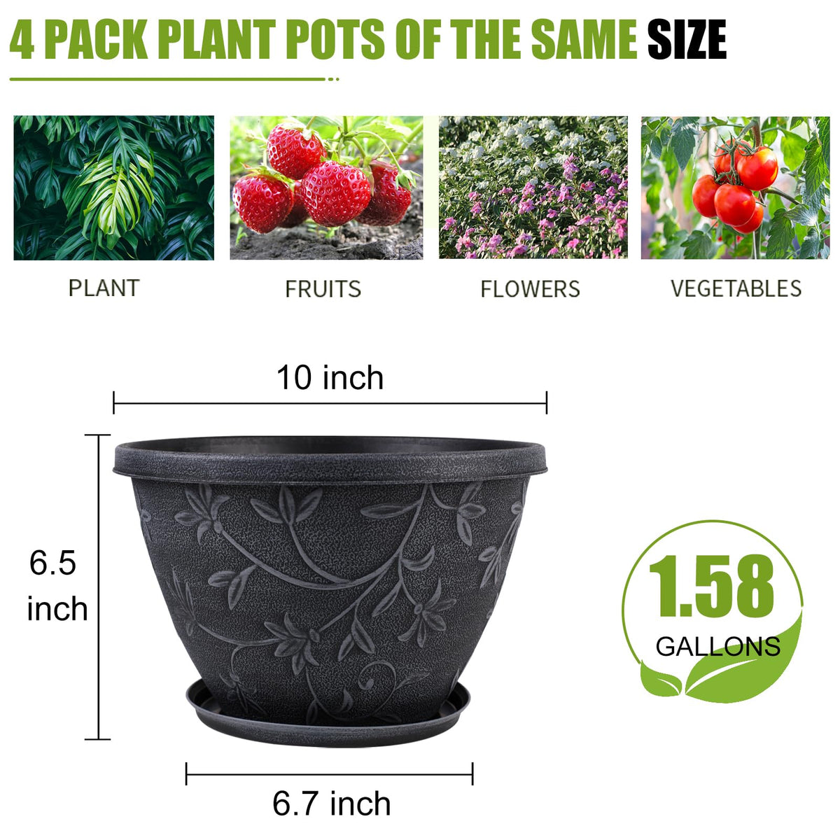 Nooulap 4 Pack 10 Inch Flower Pots for Outdoor Indoor, Plastic Plant Pots with Drainage Hole & Saucer, Lightweight Small Resin Flower Pot, Outdoor Planters Imitation Magnolia for Garden House（Gray）