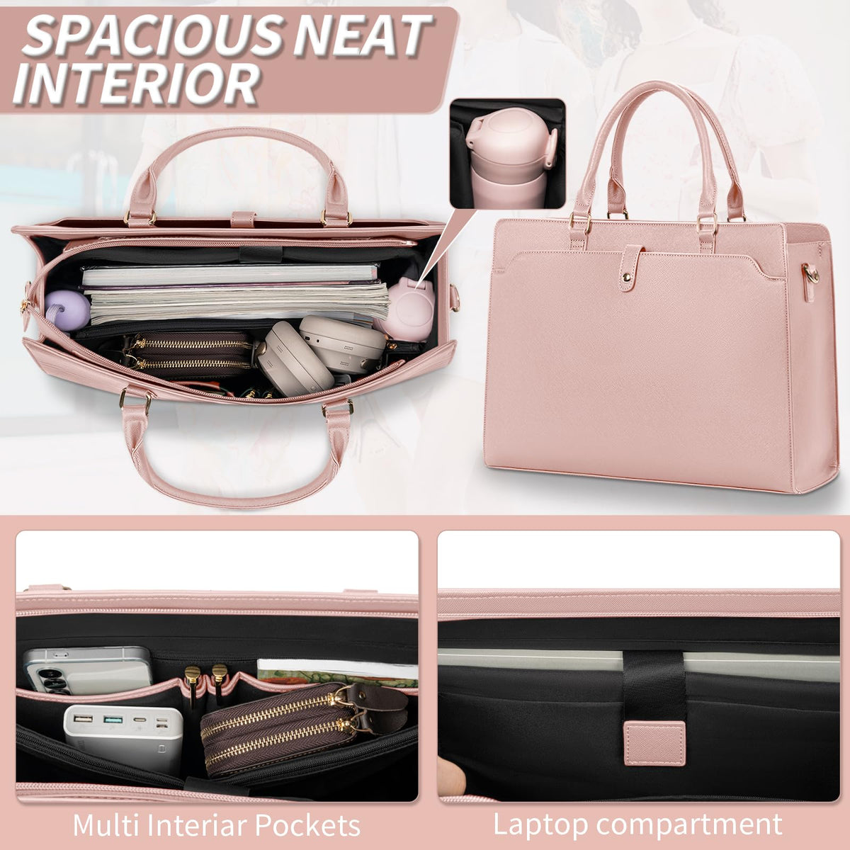 GMAK Laptop Tote Bag for Women, 15.6 Inch Leather Computer Bags Lightweight Business Office Work Briefcase Large Capacity Waterproof Handbag for Daily Commute Travel Work, Pink