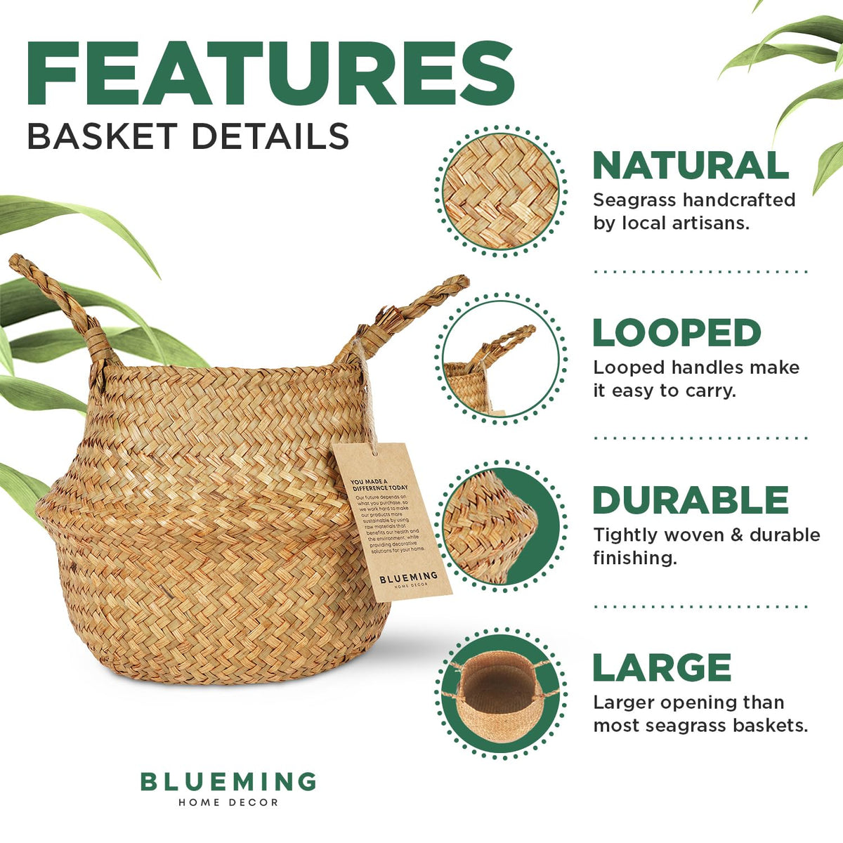 Basket Planter for Indoor Plants – 7 Inch Small Woven Wicker Pot for Olive Tree, Faux Plants, or Snake Plant, Handwoven Seagrass Basket with Handles (Original, Small)