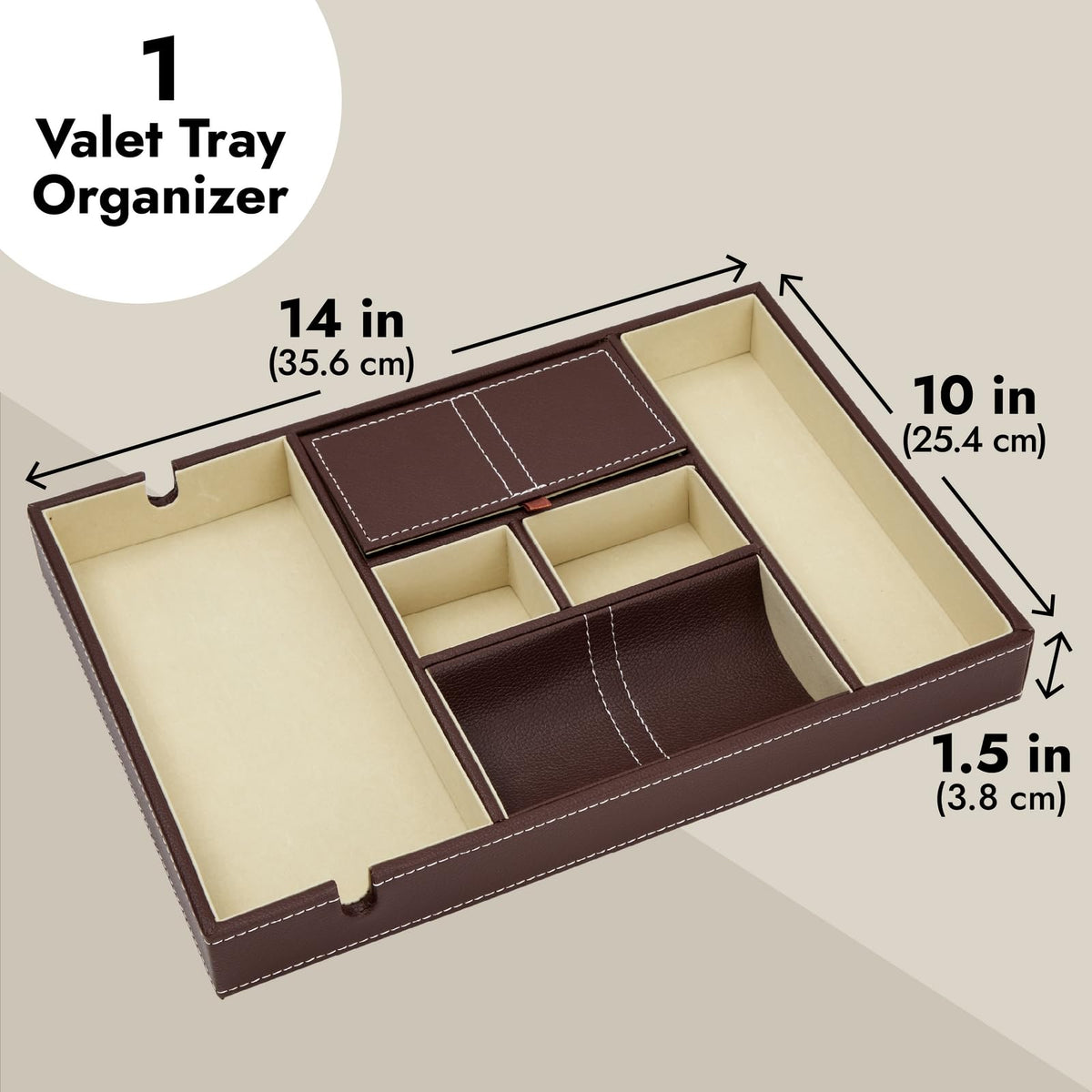 Juvale Rectangular Catchall Tray - 6-Compartment Nightstand Organizer - Polished Key Bowl - Portable Drawer Organizer - Brown Faux Leather