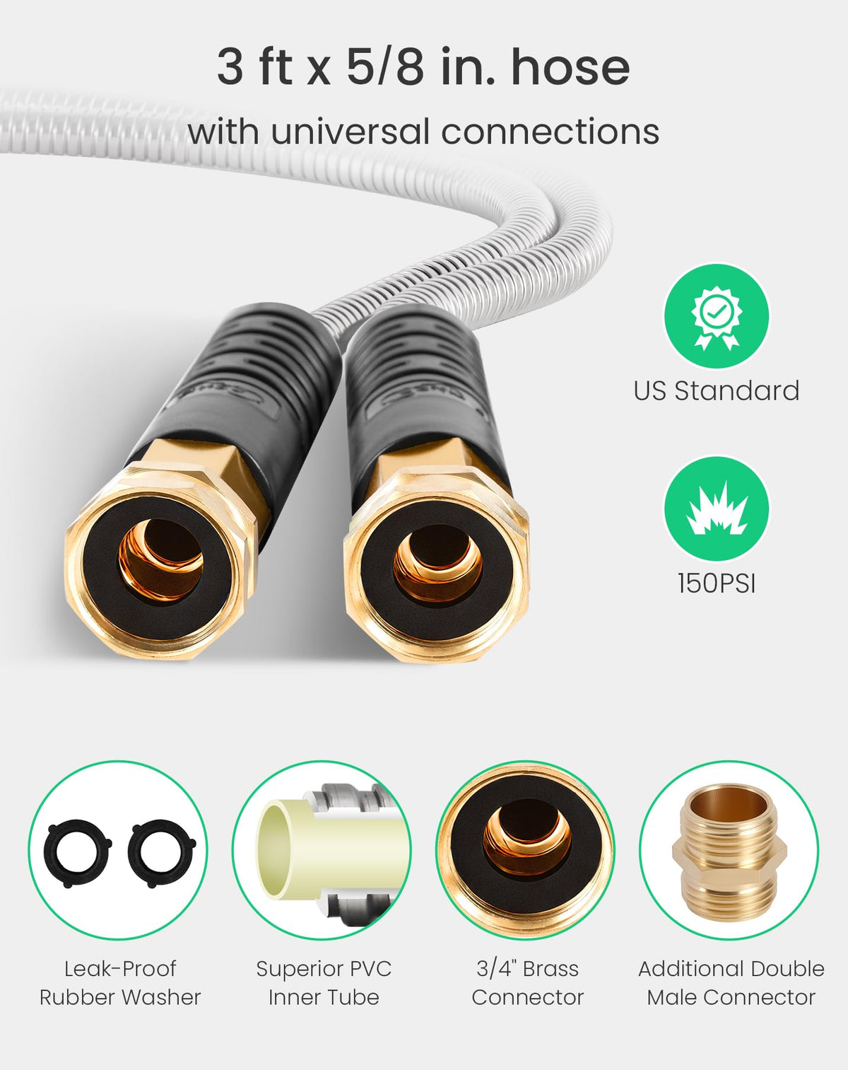 Cesun Short Garden Hose 3 ft with Female to Female Connector, Small Metal Leader Hose, Drinking Water Hose, Flexible, Lightweight Stainless Steel Water Pipe for RV, Outdoor, Yard, 3ft x 5/8"