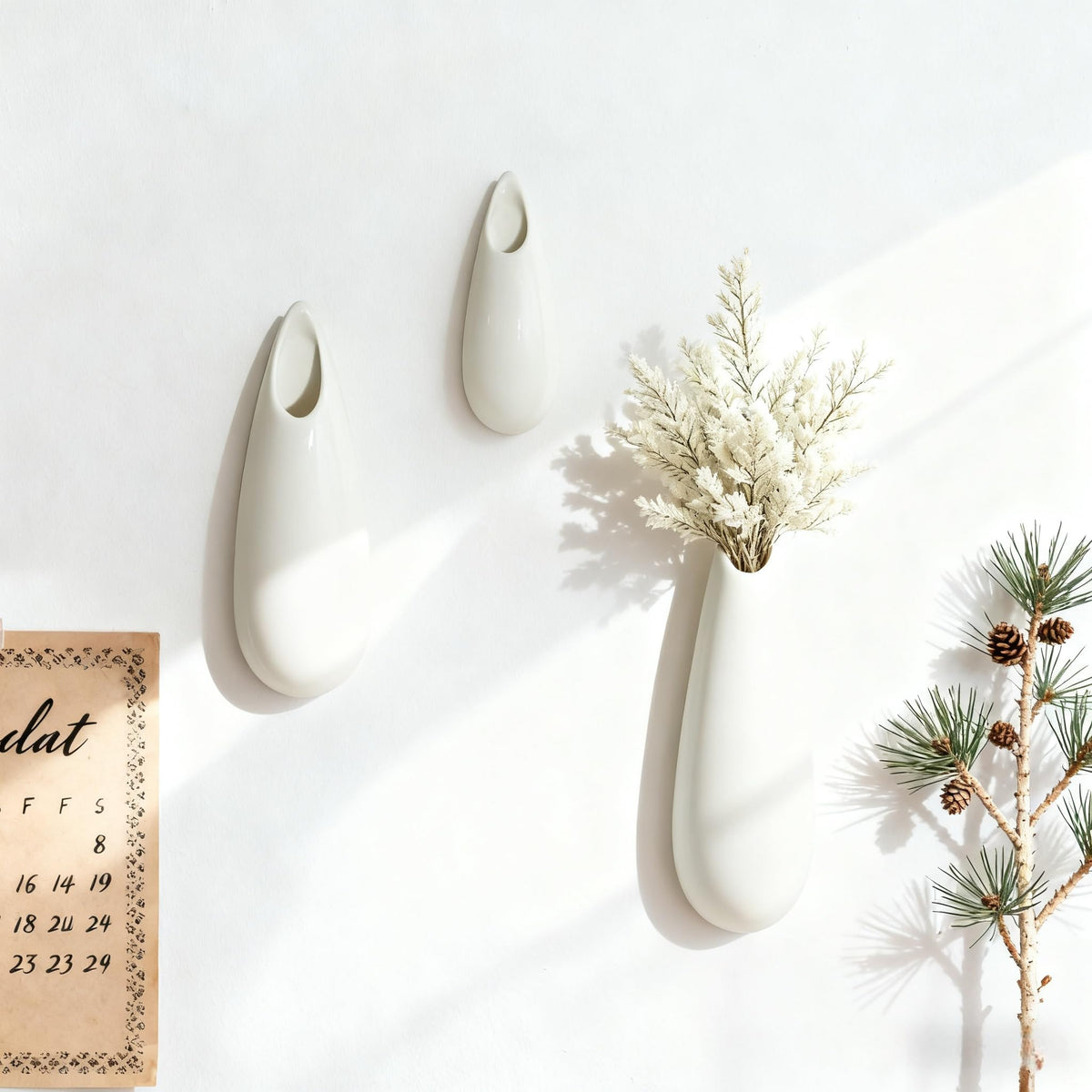 3 Pack White Ceramic Wall Vases,11.8+7.9+5.9 Inch White Vases, Cubicle Modern Decor Plant Holder Vase for Indoor Plants,Air Plants Holders,Office Minimalist Wall Decor