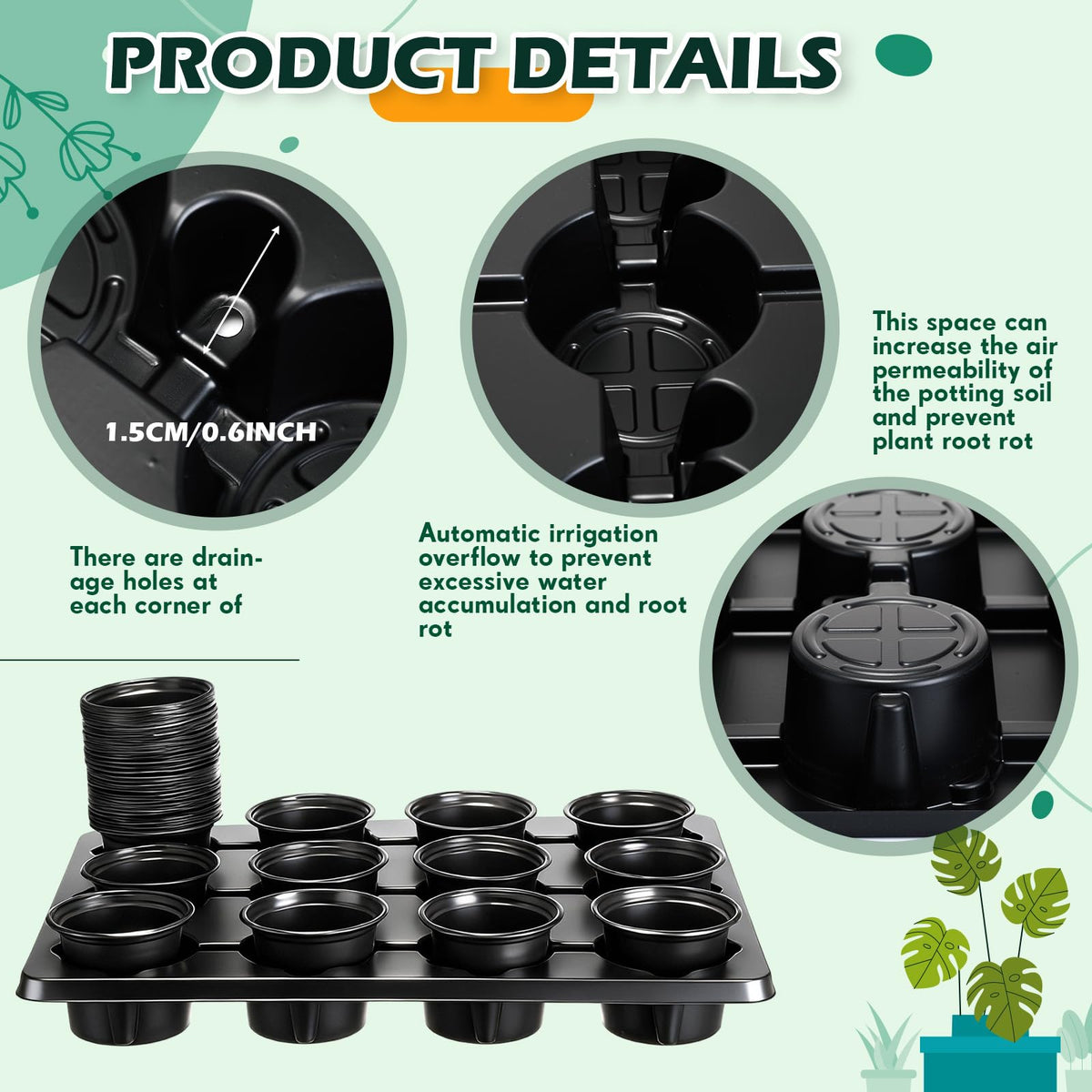 Baderke 96 Pcs 4 inch Seedling Pots and 8 Pcs 12 Cell Reusable Plastic Nursery Pots Trays Thick Sturdy Seeds Starting Germination Carrying Trays Black Small Planter Nursery Propagation 8 Sets(Black)
