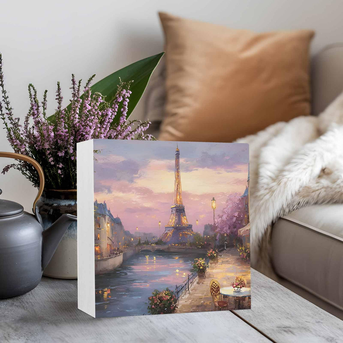 Eiffel Tower Wood Box Sign Desk Decor, Modern Purple Sunset Bridge River Night View Decorative Wooden Block Box Sign Decorations for Home Office Shelf Table Decor 6x6 Inches