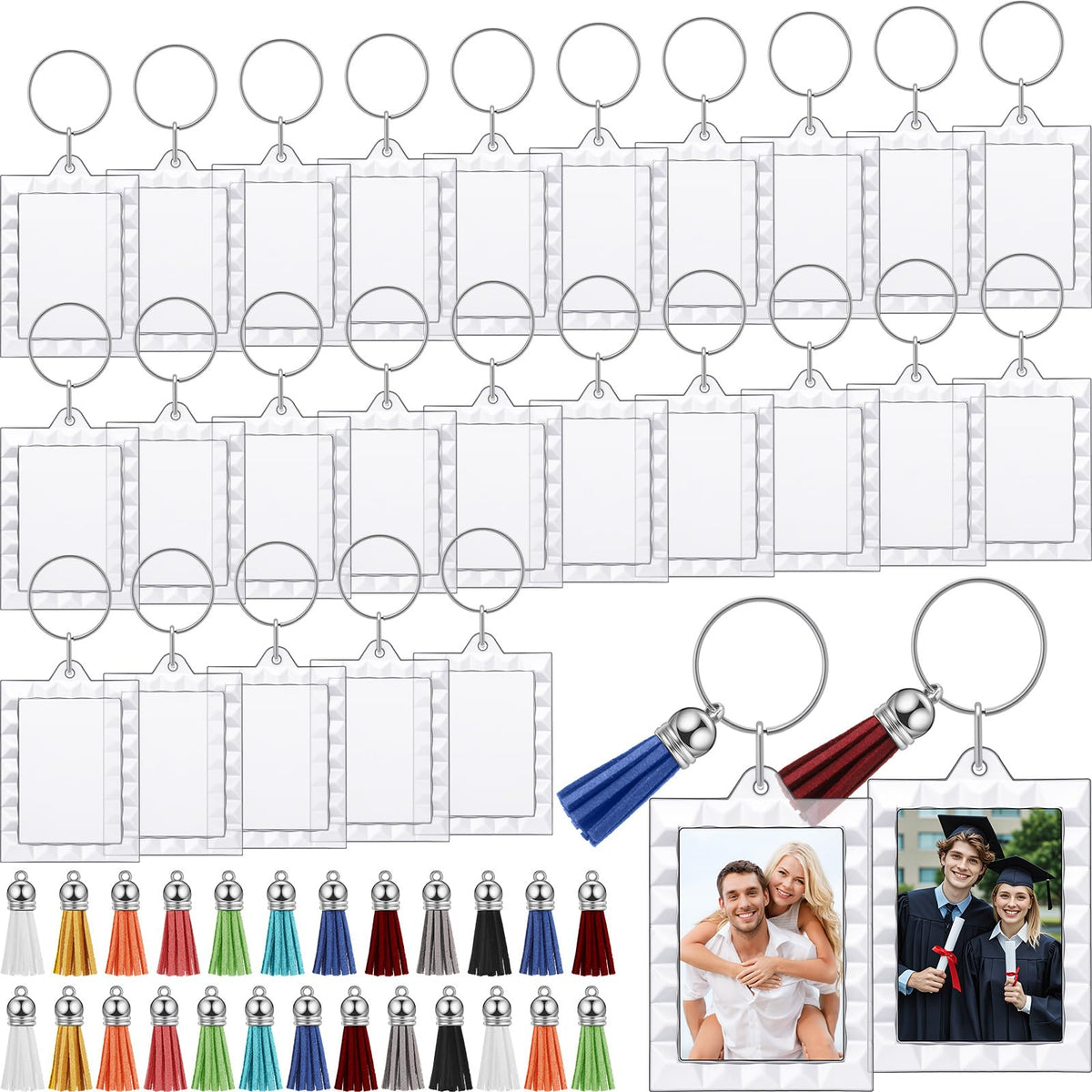 Yaomiao 25 Set Acrylic Photo Keychain with Tassel Clear Blank Custom Keychain Frame Holder Insert Picture Keyring Making Kit (Wavy Rectangle)