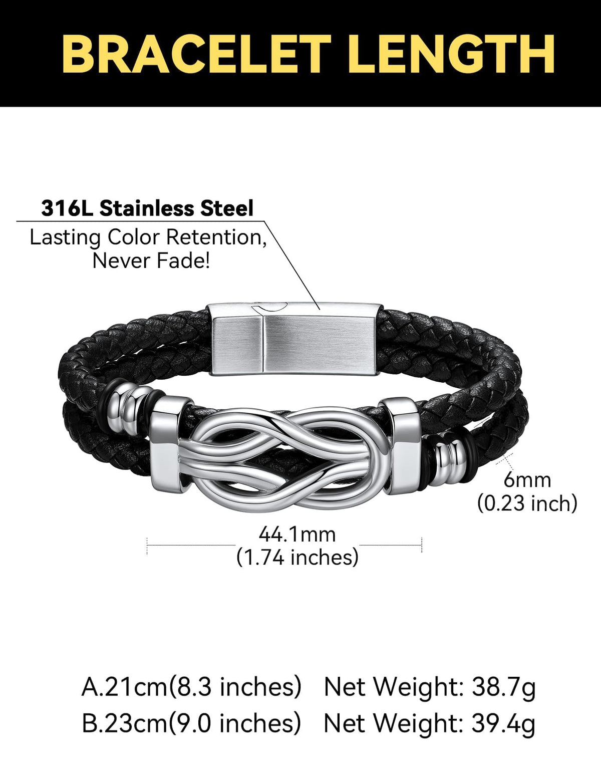 ChainsHouse Mens Leather Bracelet Idea Gift for Man Square Infinity Love Knot Braided Beaded Leather Cuff Bracelet 8.3 Inches Birthday Gifts for Men