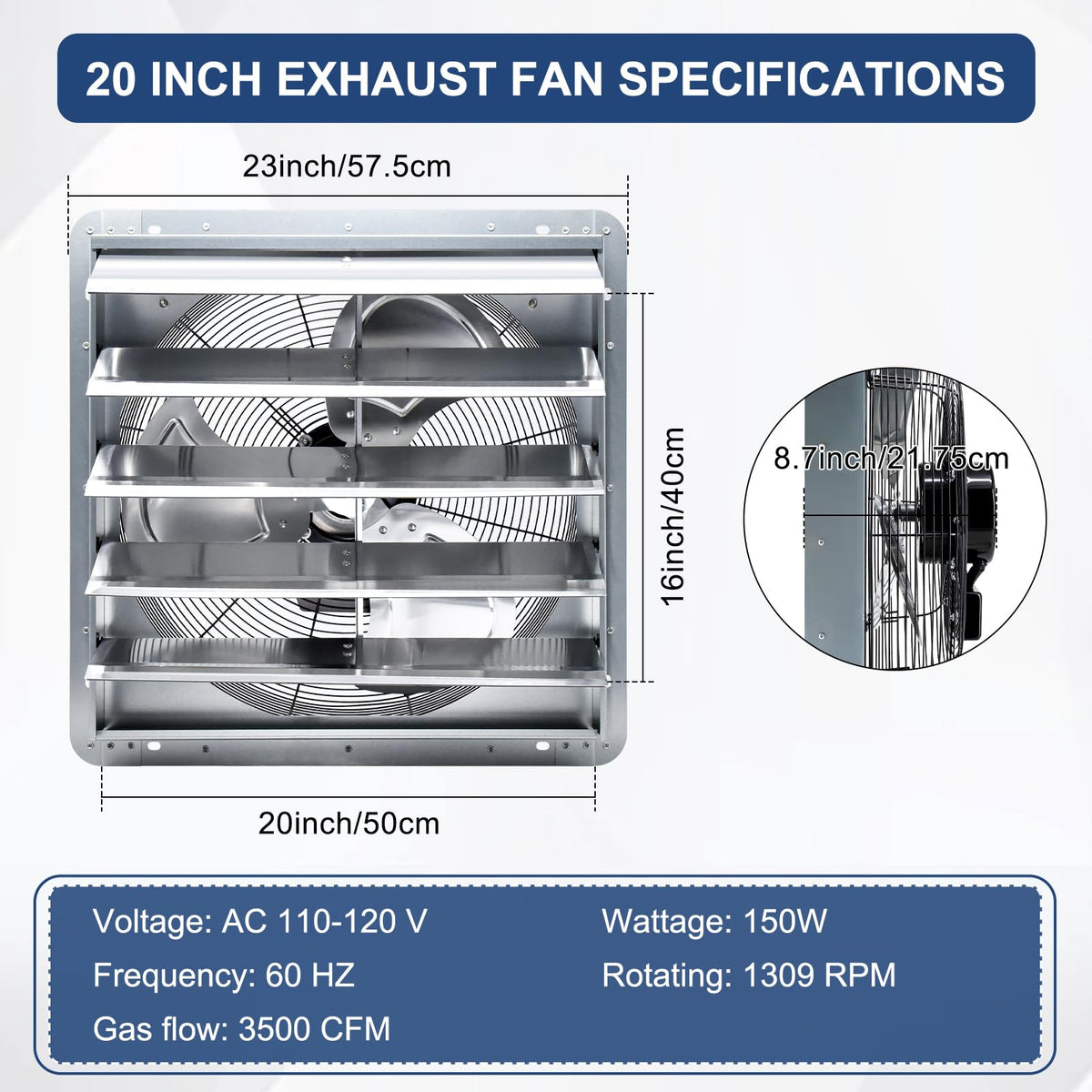Criditpid 20 Inch Wall Mounted Shutter Exhaust Fan with ON/OFF Switch, High-Speed, Low-Noise Pure Copper Motor, Wall Exhaust Fan for Gable, Shed, Garage, Greenhouse, Kitchen, Attic, 3500 CFM, 1309 RPM