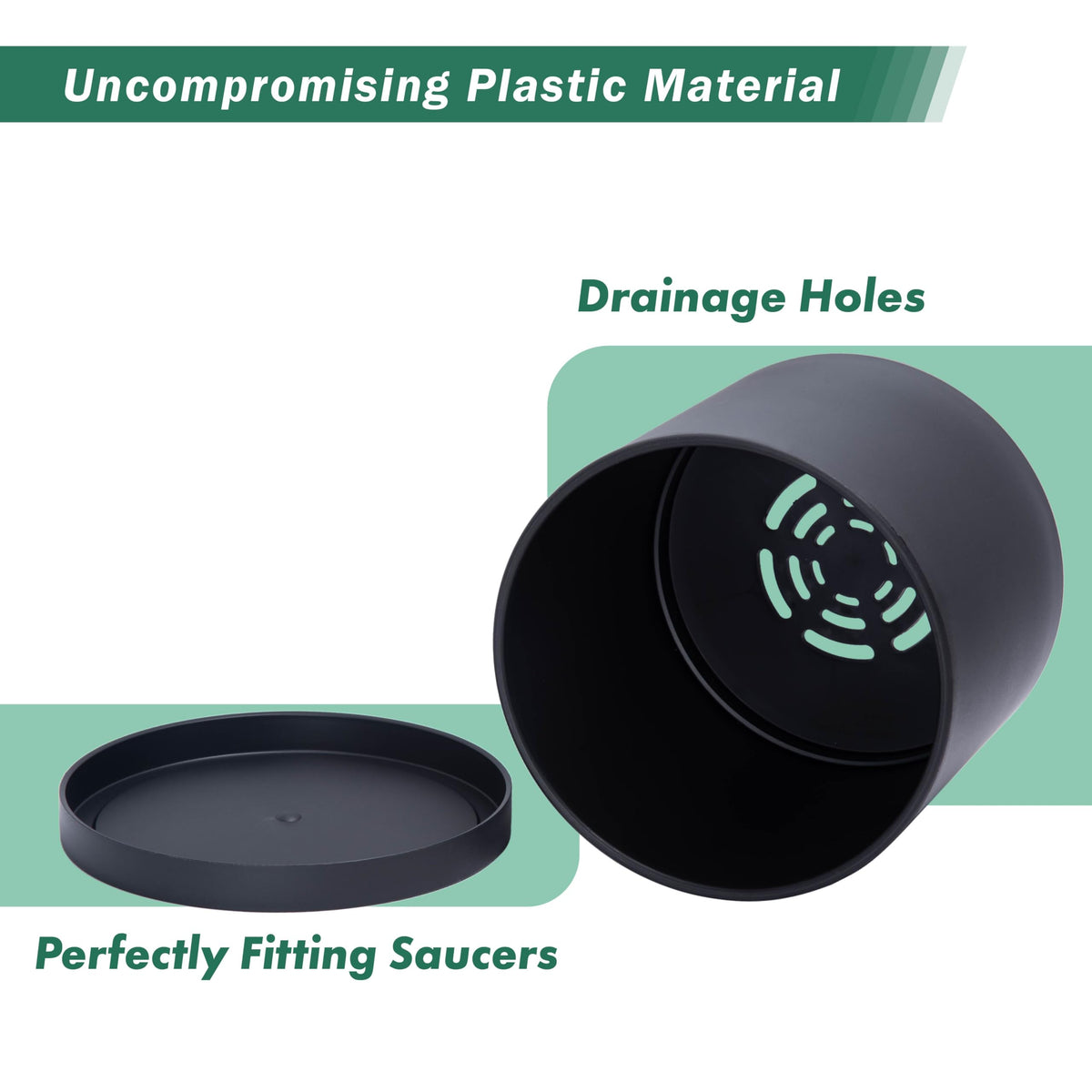 D'vine Dev 2 Pack 8 Inch Modern Plastic Plant Pots, Cylindrical Garden Planters for Plants with Drainage Holes and Saucers, Black, 74-Y-M-1