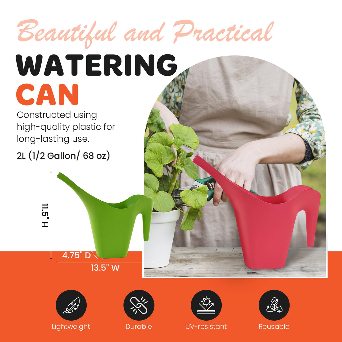Mintra 1/2 Gallon Plant Watering Can, Long Spout Plastic Water Pitcher for Indoor & Outdoor Use, Durable & Lightweight Water Can for Watering Flowers & Potted Plants, 1 Pack, 2L/68 oz – Red