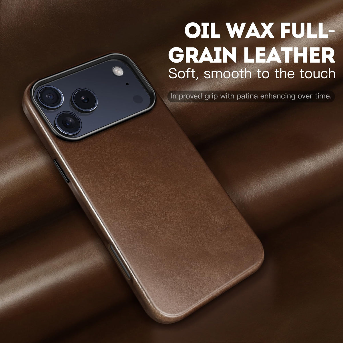 kingflag Genuine Leather Case for iPhone 17 Pro Max 6.9 inch, Oil Wax Full-Grain Leather, Compatible with MagSafe, Metal Buttons and Camera Bezel (Rustic Brown)