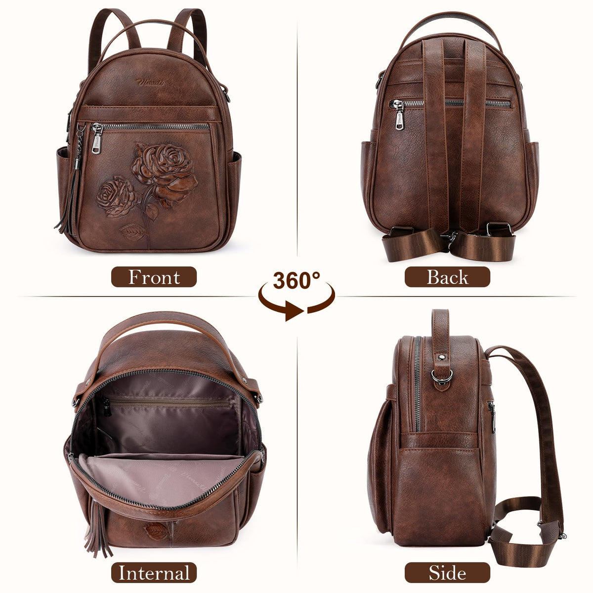 VIMUTI Mini Backpack Purse for Women,Embossed Leather Small Backpack Fashion Travel Backpacks Daypacks Shoulder Handbag (COFFEE-Flower)