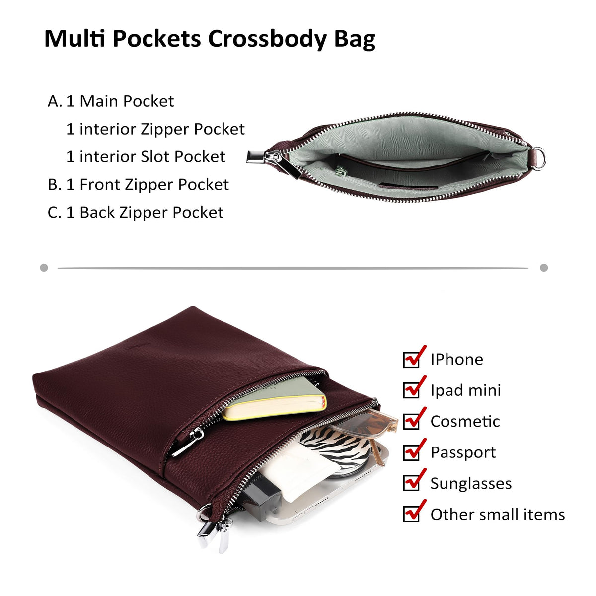 befen Genuine Leather Small Crossbody Bags for Women Travel Cross Body Bags Lightweight with Adjustable Shoulder Strap, Burgundy Red
