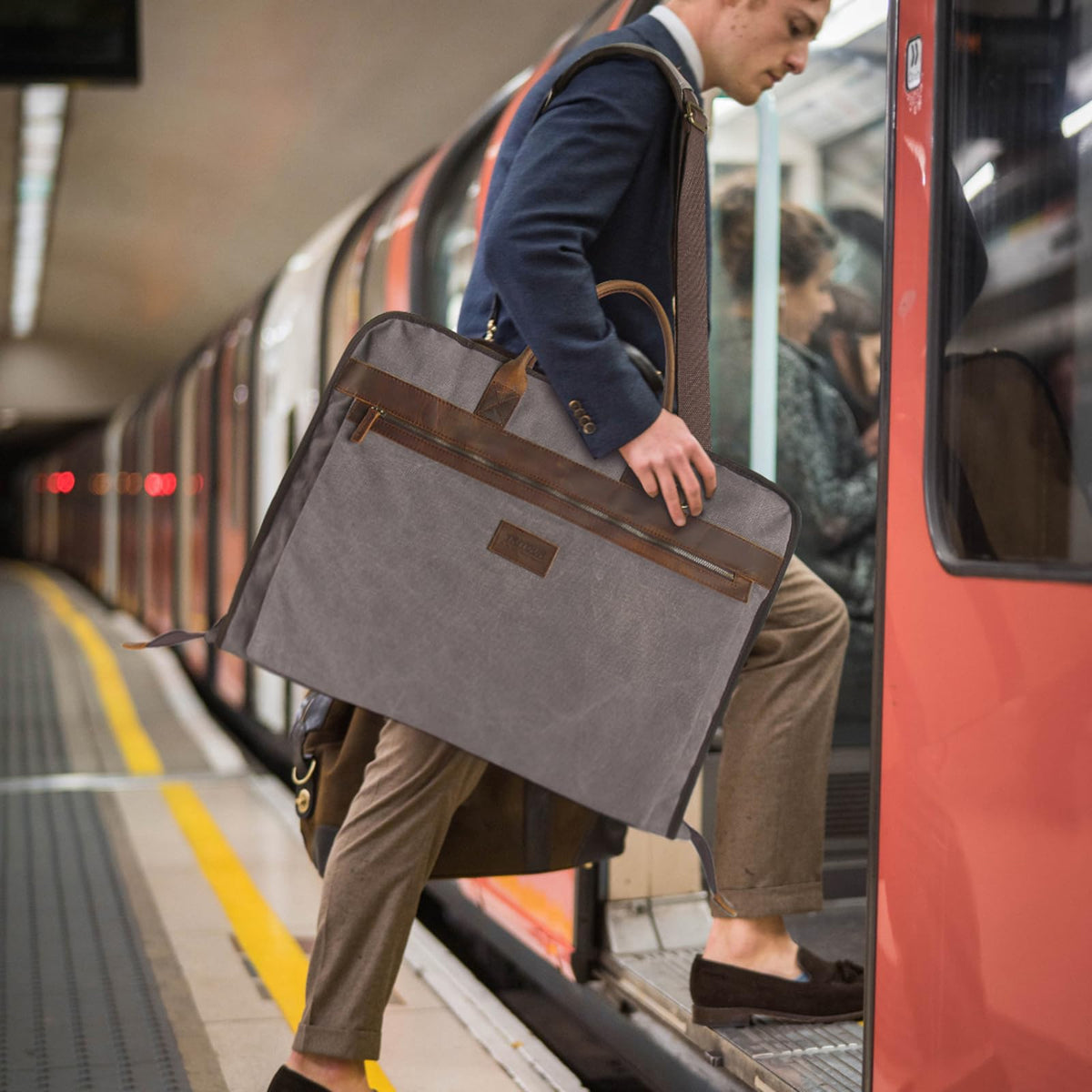 TRITOUR Garment Bags for Travel Leather canvas Suit Bag with Extended Design Computer Compartment