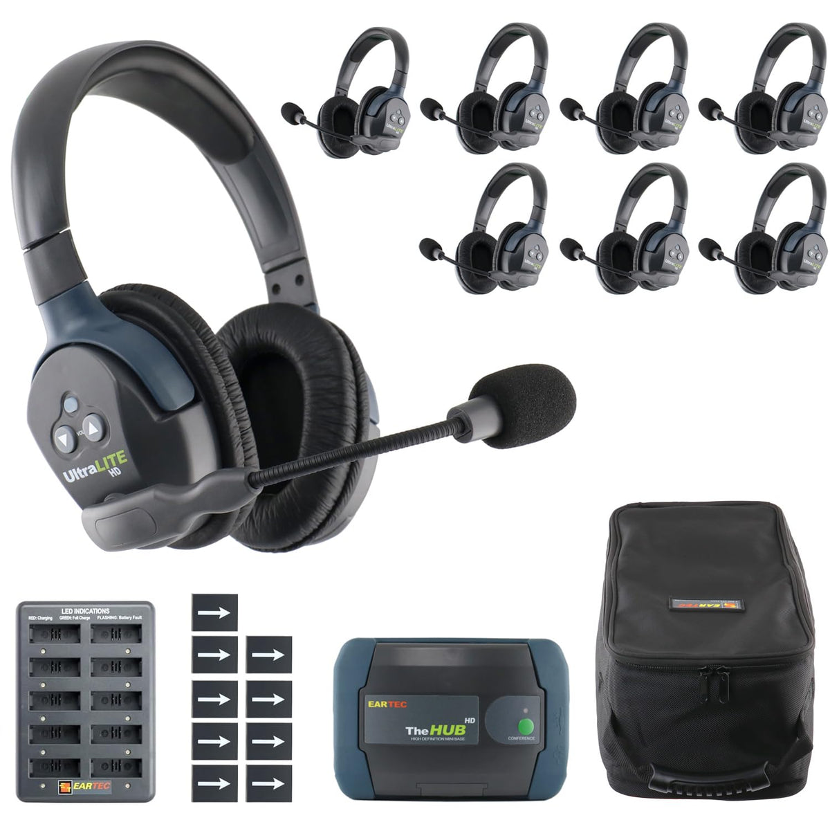 EARTEC HUB8D Ultralite-HD 8 Person Full Duplex Wireless Intercom Headset Communication System, Dual Ear Headsets, Up to 1000ft Range, U.S. Company