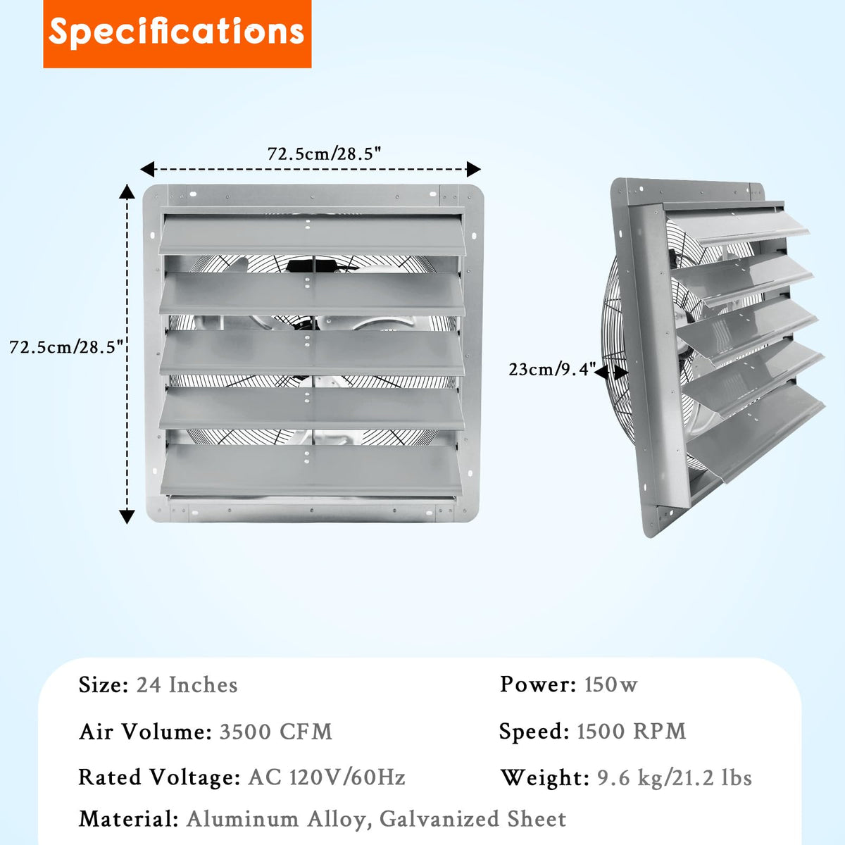 Garvee 24 In Shutter Exhaust Fan, Wall Mounted Shutter Exhaust Fan Aluminum, 3500 CFM High Speed Louvered Vent Fan with Automatic Shutter for Garage, Attic, Workshop, Greenhouse