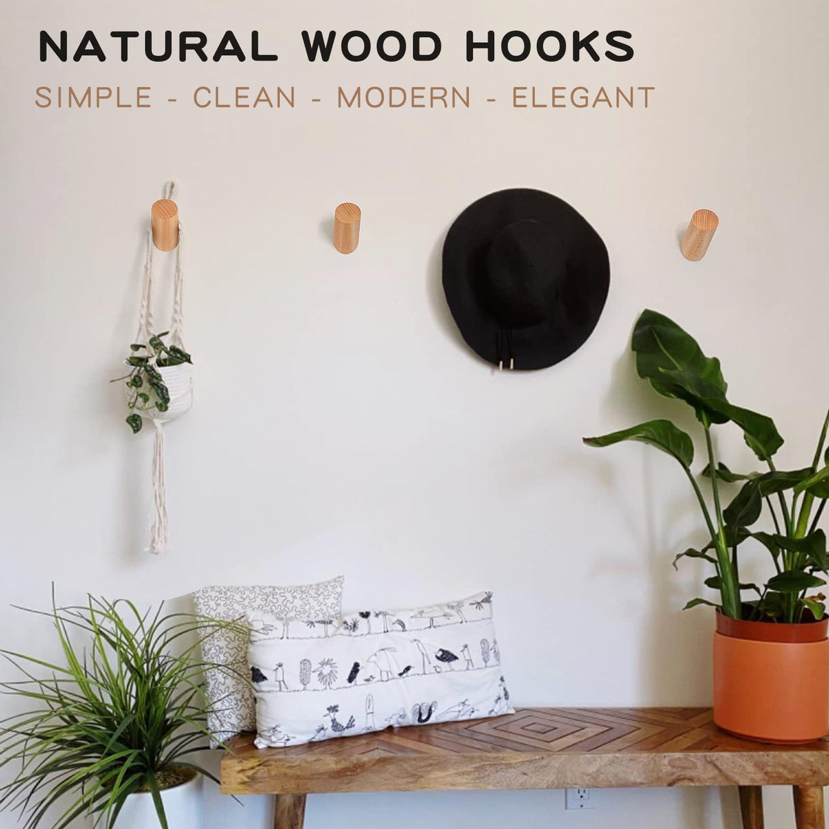 Felidio Wood Wall Hooks, 3 Pack Rustic Coat Hook Wall-Mounted, Decorative Hooks for Hanging Coats Hats Towels Robes Hat Rack for Wall (Beech Wood)