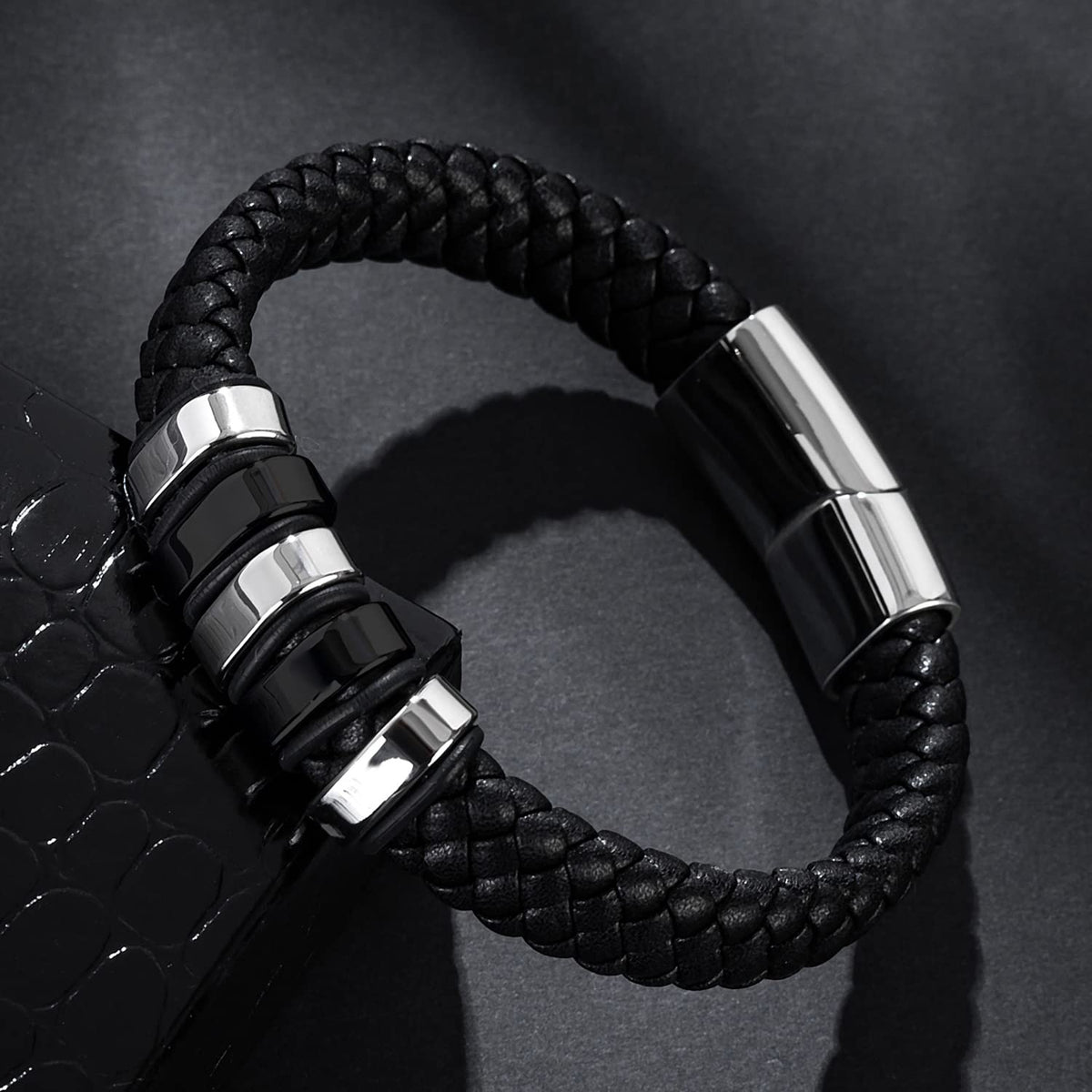 LJWVX Mens Black Leather Bracelets,Braided Leather Wristband Cuff,Stainless Steel Clasp,Bracelet Gift for Dad