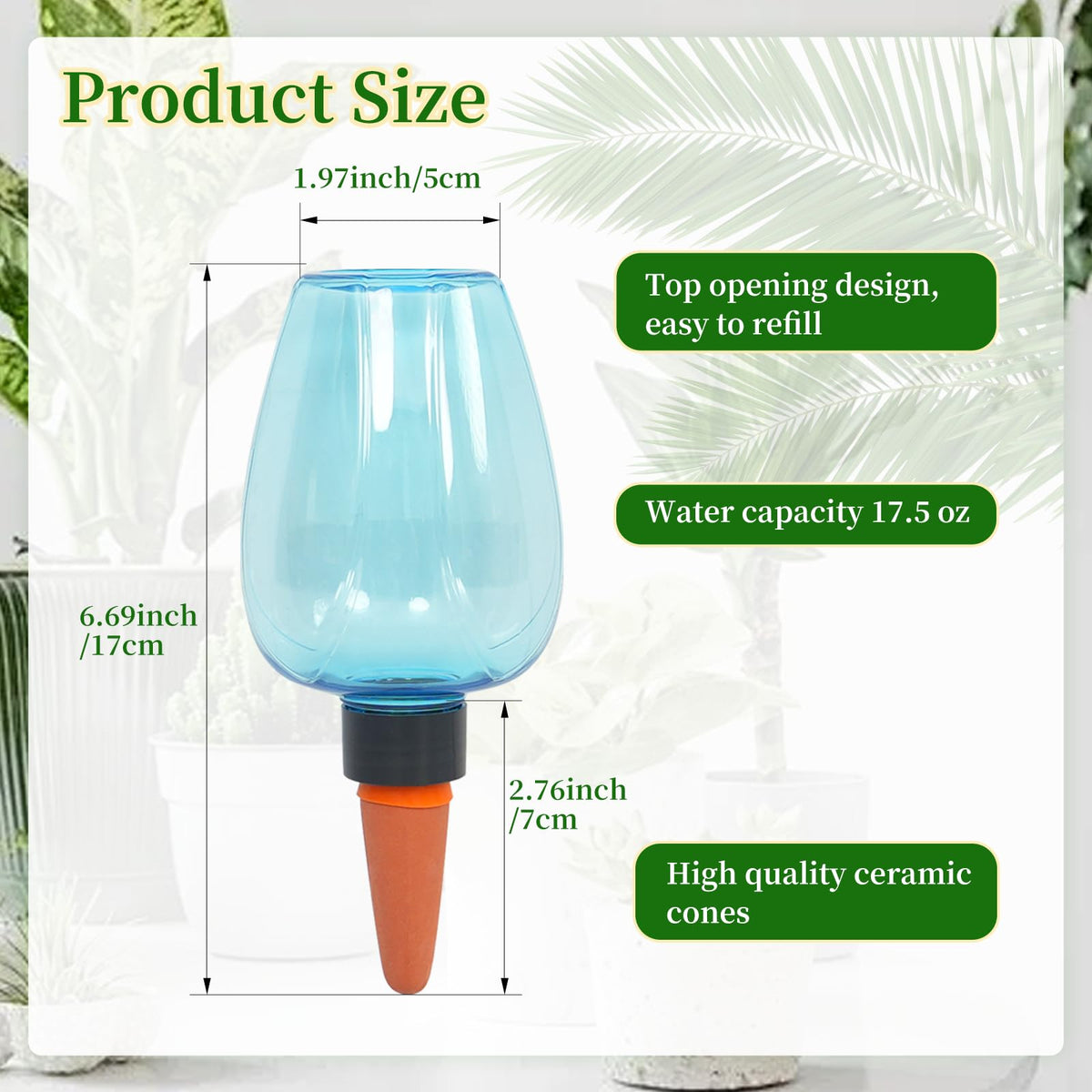 GEWOSI 6pcs Plant Self Watering Globes, Plastic Water Bulbs Top Fill, 12.3 oz Plant Watering Devices System Slow Release Terracotta, Water Spikes Stakes for Indoor (Blue-6pack)