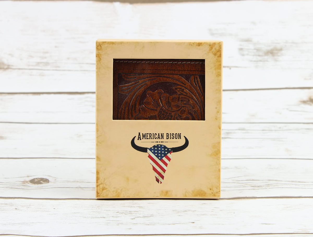 American Bison RFID Wallet for Men – Hand-Tooled Floral Cowhide Leather Bifold Wallet with Gift Box (Light Brown)