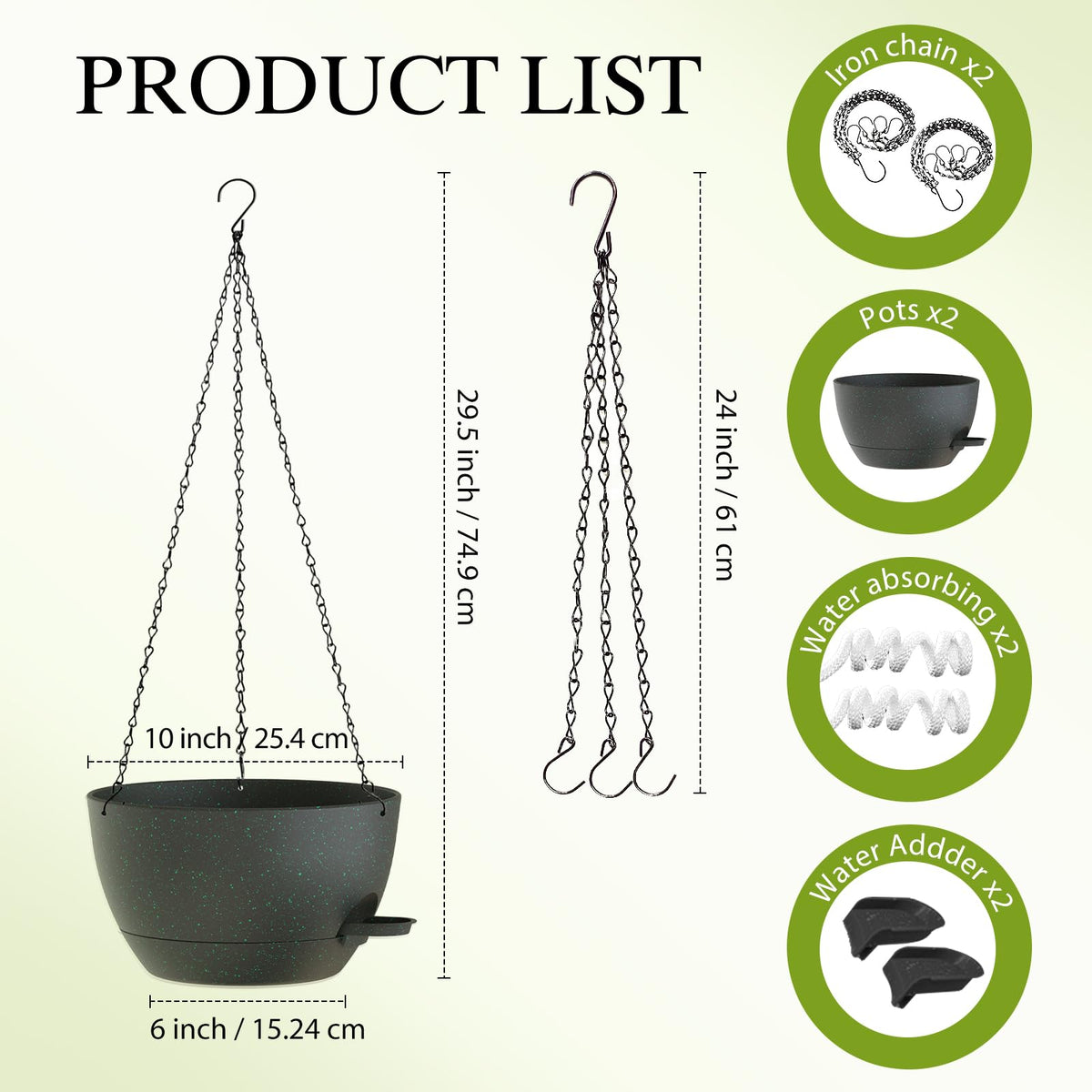 SQKH 10 Inch Hanging Baskets 2 PC with Chains, Self-Watering Hanging Planters for Indoor Outdoor Plants, Plastic Hanging Flower Pots,Black with Green Speckles