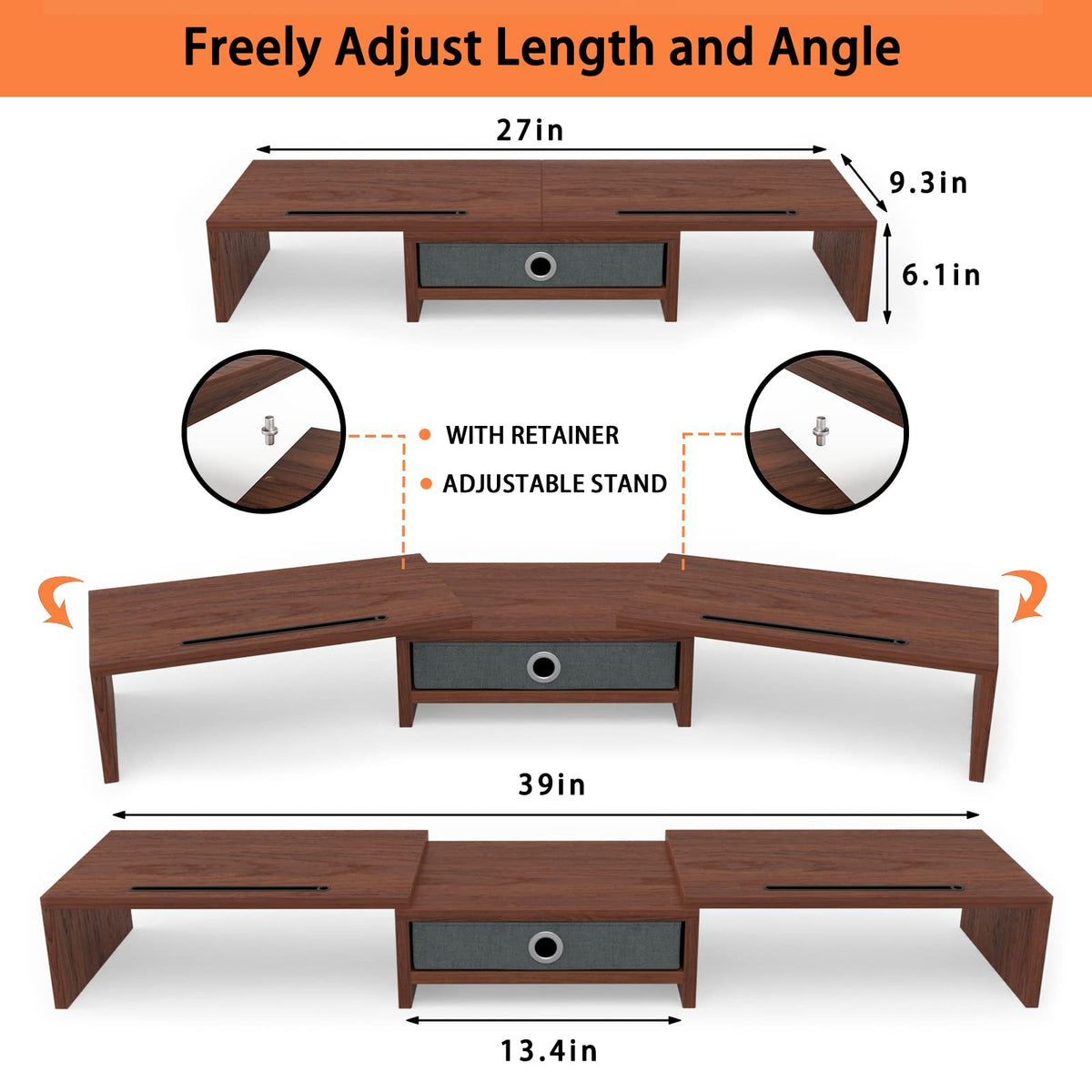 WESTREE Dual Monitor Stand Riser with Drawer - Adjustable Length and Angle, 2 Phone Hold, Desktop Organizer for Computer/Laptop/PC/Printer