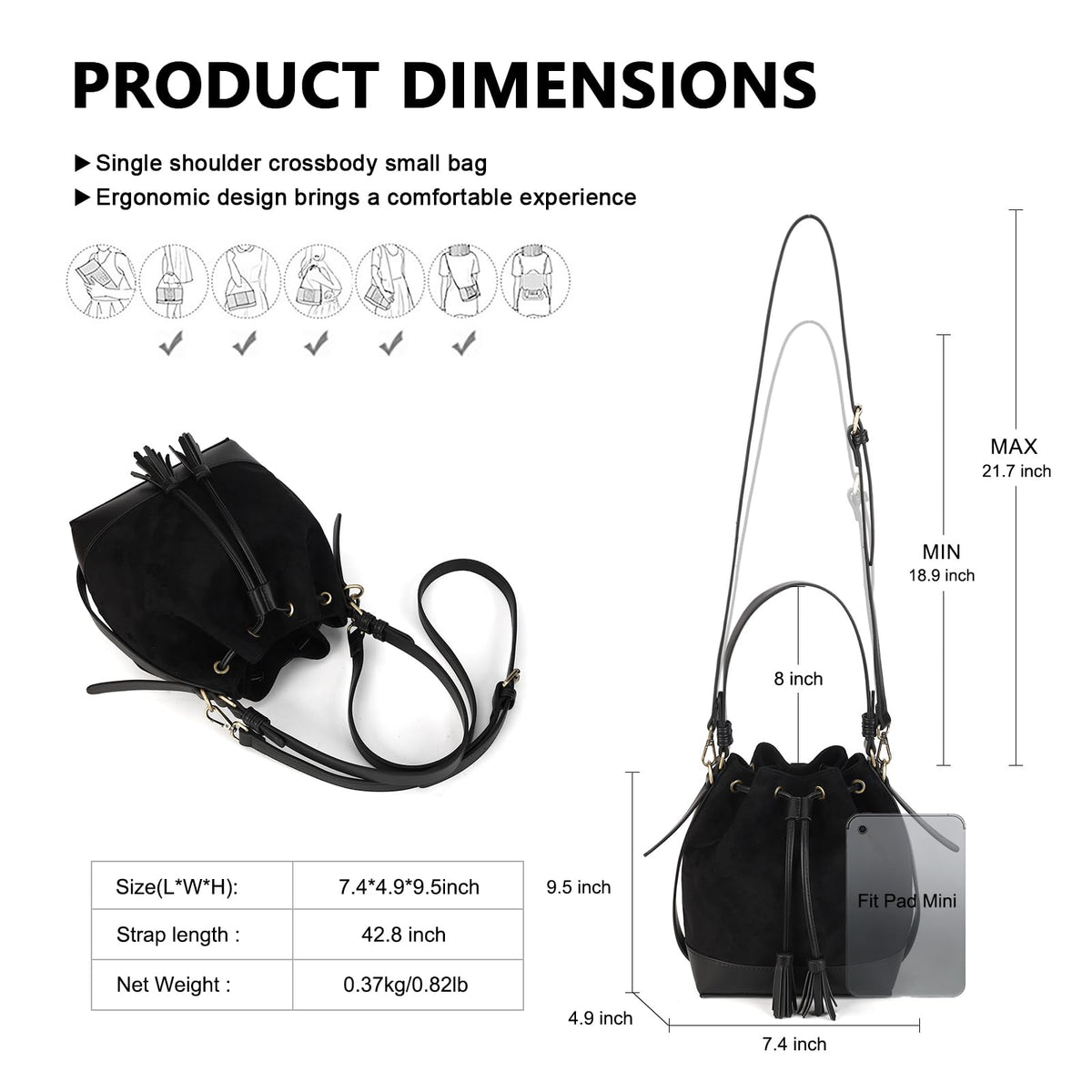 AFKOMST Faux Suede Bucket Bags and Drawstring Crossbody Boho Purse for Women Medium Hobo Handbags with 2 Shouder Straps (Black)