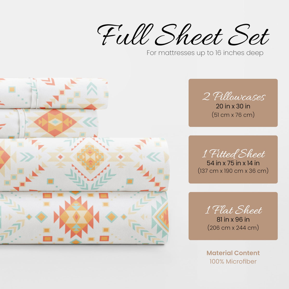 Linen Market Double-Brushed Patterned Microfiber Full Sheet Set 4 Piece – Oeko-TEX Certified Ultra Soft & Wrinkle-Free - 16" Deep Pocket Sheets - Easy Care Full Size - Aztec Dreams Coral