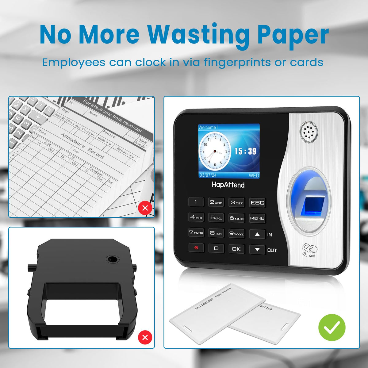 HapAttend Time Clocks Bundle with 15 RFID Cards, 0 Monthly Fees Standalone Biometric Time Attendance Punch Machine with Fingerprint, RFID and PIN