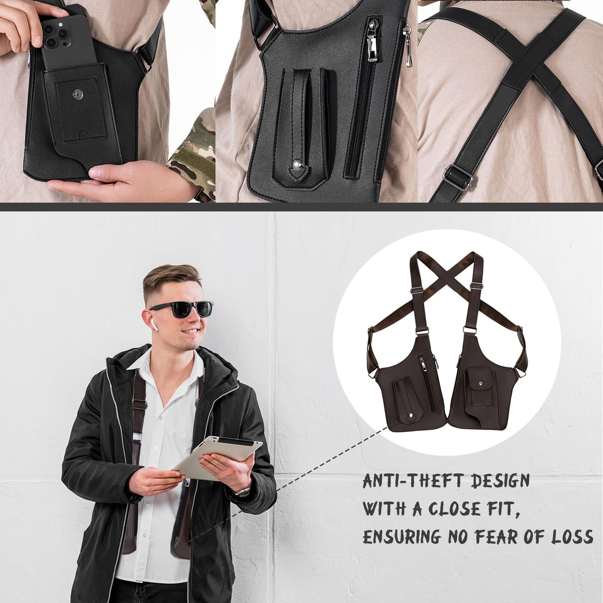 ocalil Double Shoulder Armpit Bag, 2026 New Men Anti-Theft Underarm Wallet Pocket Holster Phone Leisure Double Shoulder Pouch (black)