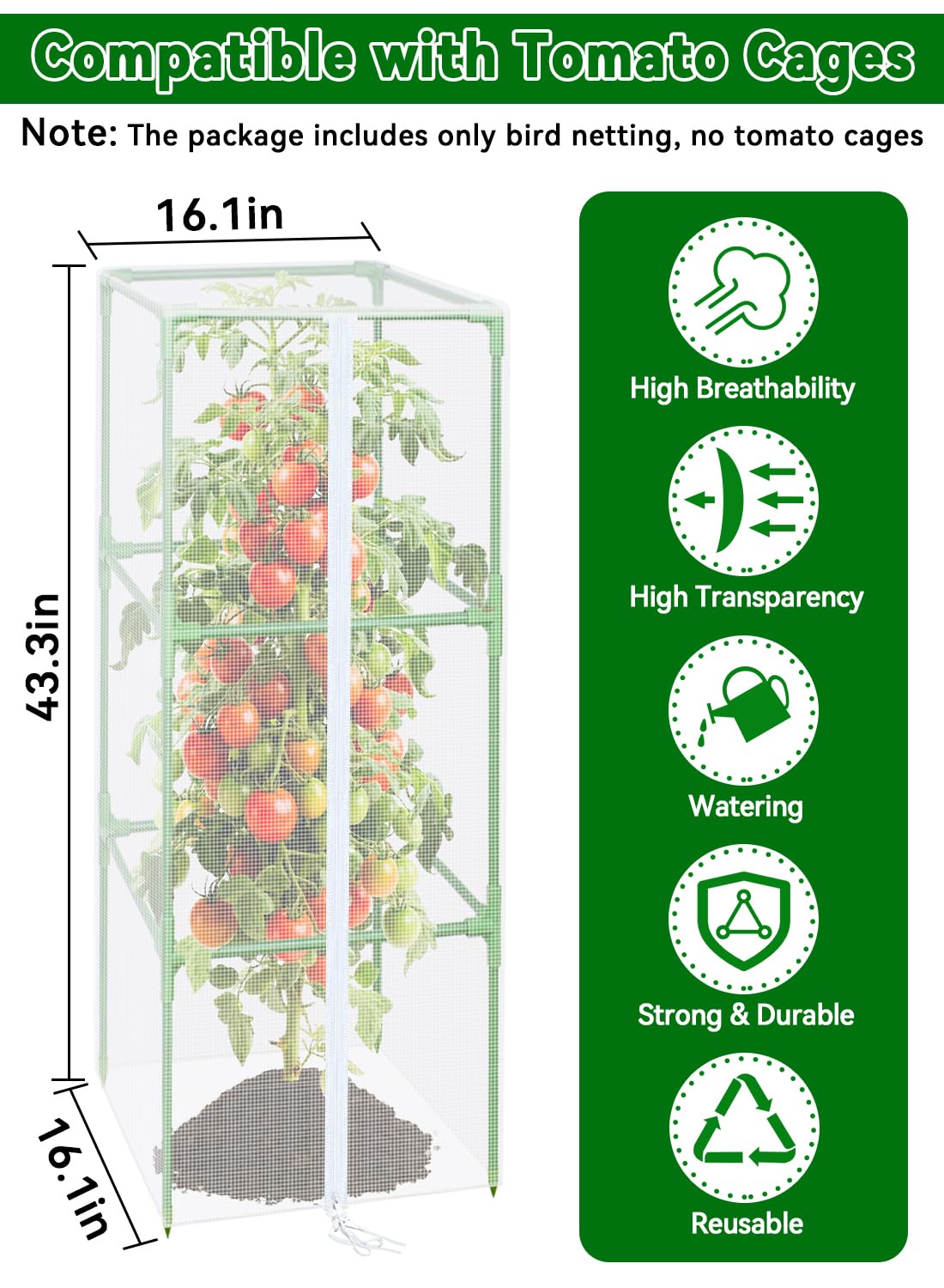 ZeeDix 43.3" x 16.1" Garden Bird Netting for Square Tomato Cage, 2 Pack Garden Mesh Barrier, Plant Covers Protect Tomatoes, Vegetables, Blueberry Bush from Birds & Pests