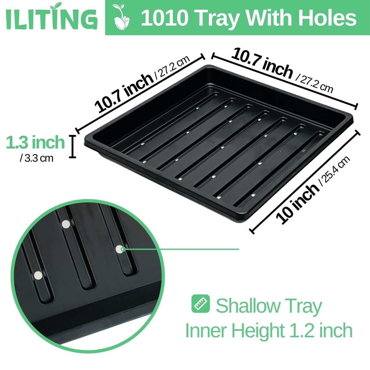 ILITING Plant Growing Seed Starter Trays for Seedlings Microgreen, Shallow Plants Tray Standard 1010 Tray with Drain Holes 5 Pack Black 10.7 x 10.7 inches Square Trays