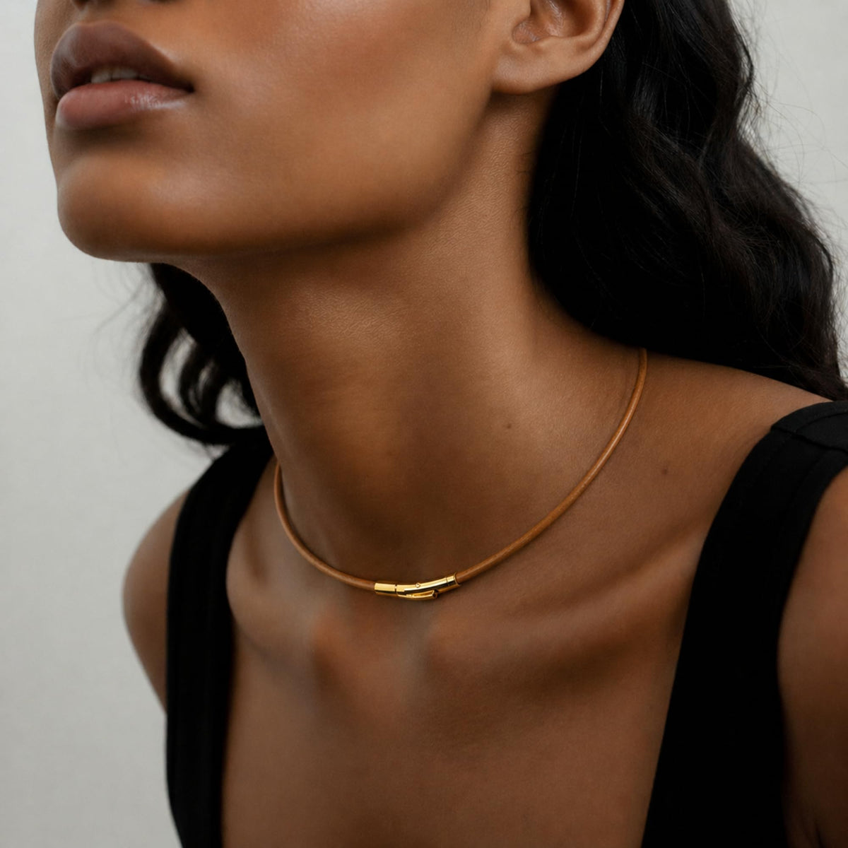 Leporem 2-WAY Genuine Brown Leather Cord Choker Necklace and Wrap Bracelet 18K Gold Plated Push-Lock Clasp Multi-Wear Jewelry (Brown, 14 Inch)